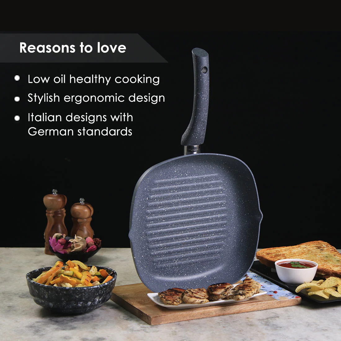 Granite Non-Stick 24cm Grill Pan | Soft-Touch Handles | Virgin Aluminium | PFOA and Heavy Metals Free | 3.5mm Thickness | 1.8 litres | 2 Year Warranty | Grey - Image 13