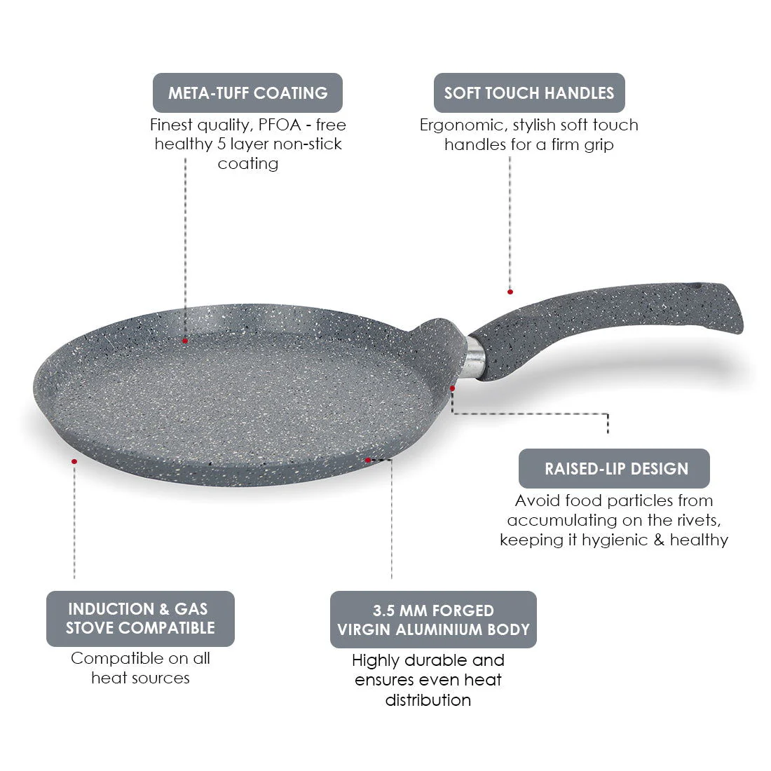 Granite 30cm Non-Stick Dosa Tawa | Induction Bottom | Soft-Touch Handles | Virgin Aluminium | PFOA/Heavy Metals Free | 3.5mm | 2 Year Warranty | Grey - Image 10