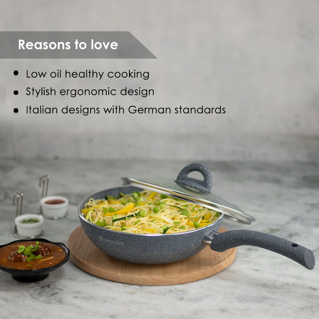 Granite 26cm Non-Stick Wok | Glass Lid | Induction Bottom | Soft-Touch Handles | Virgin Aluminium | PFOA and Heavy Metals Free | 3.5mm Thick| 26cm, 3.1 litres | 2 Year Warranty | Grey - Image 12
