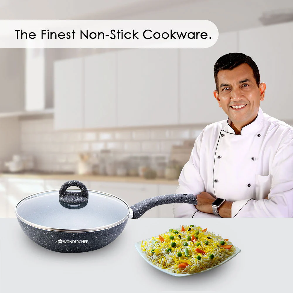 Granite 26cm Non-Stick Wok | Glass Lid | Induction Bottom | Soft-Touch Handles | Virgin Aluminium | PFOA and Heavy Metals Free | 3.5mm Thick| 26cm, 3.1 litres | 2 Year Warranty | Grey - Image 2