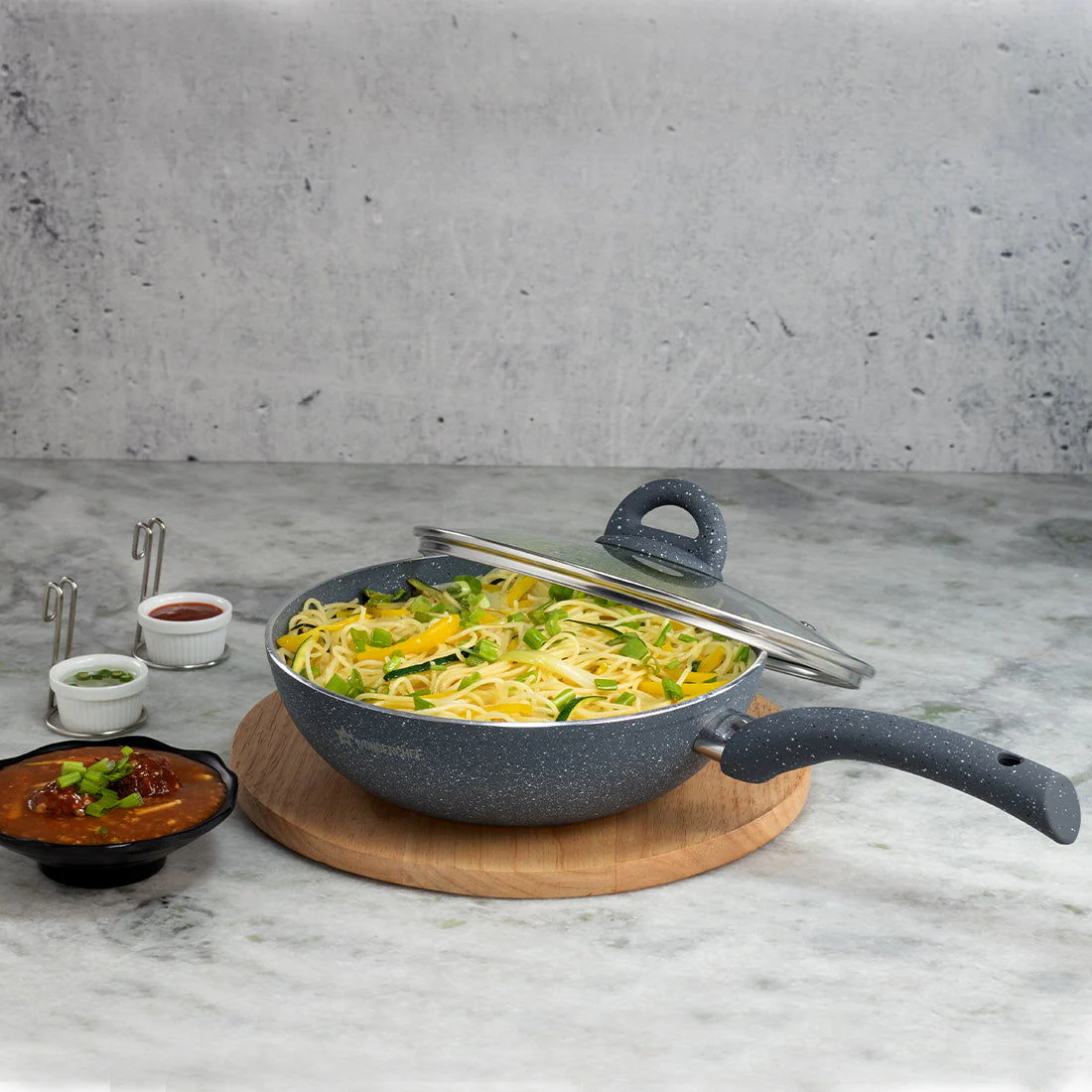 Granite 26cm Non-Stick Wok | Glass Lid | Induction Bottom | Soft-Touch Handles | Virgin Aluminium | PFOA and Heavy Metals Free | 3.5mm Thick| 26cm, 3.1 litres | 2 Year Warranty | Grey - Image 3