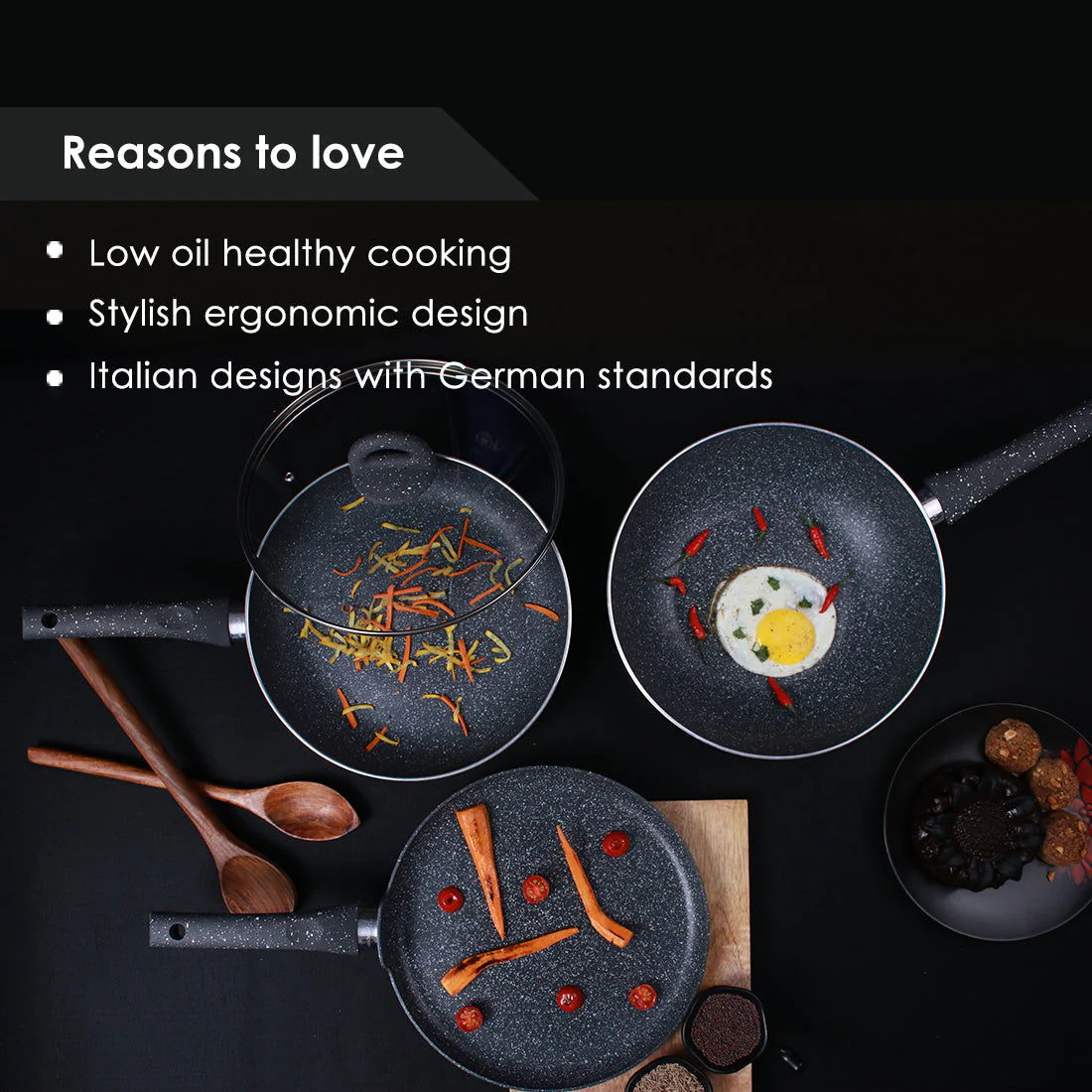 Granite Non-stick Cookware Set, 4Pc (Fry Pan with Lid, Wok, Dosa Tawa), Induction Bottom, Soft-touch Handles, Virgin Grade Aluminium, PFOA/Heavy metals free, 3.5mm, 2 years warranty, Grey - Image 13
