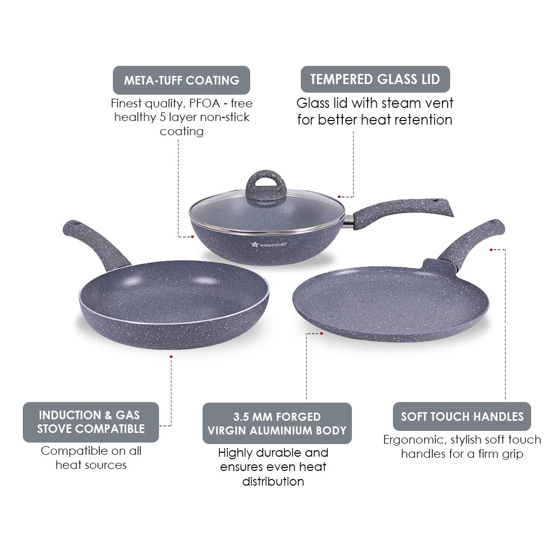 Granite Non-stick Cookware Set, 4Pc (Fry Pan with Lid, Wok, Dosa Tawa), Induction Bottom, Soft-touch Handles, Virgin Grade Aluminium, PFOA/Heavy metals free, 3.5mm, 2 years warranty, Grey - Image 15