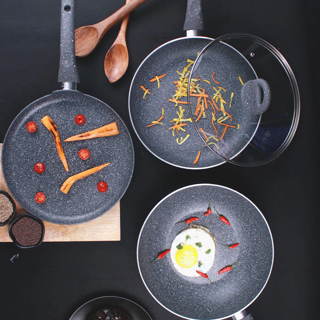 Granite Non-stick Cookware Set, 4Pc (Fry Pan with Lid, Wok, Dosa Tawa), Induction Bottom, Soft-touch Handles, Virgin Grade Aluminium, PFOA/Heavy metals free, 3.5mm, 2 years warranty, Grey - Image 2