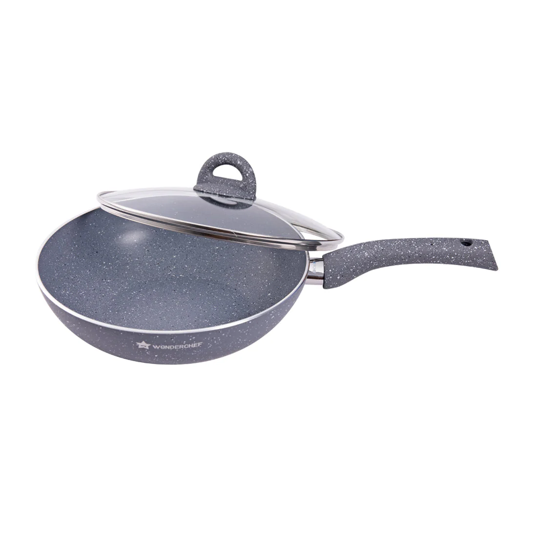 Granite Non-stick Cookware Set, 4Pc (Fry Pan with Lid, Wok, Dosa Tawa), Induction Bottom, Soft-touch Handles, Virgin Grade Aluminium, PFOA/Heavy metals free, 3.5mm, 2 years warranty, Grey - Image 3