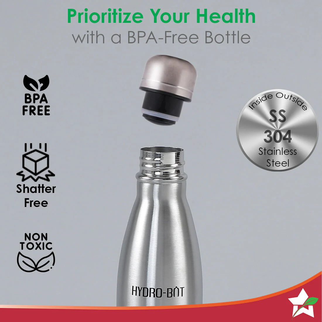 Stainless Steel Hydro Bot 1000 ml/ 1 litre | Gift Box Packing | Single wall | Non-insulated | 304 Stainless Steel | Non Toxic | BPA free | Rust Free | Light weight | For Home & Office | Spill and Leak proof | Wide Mouth | Easy to Clean | 2 Years Warranty - Image 3