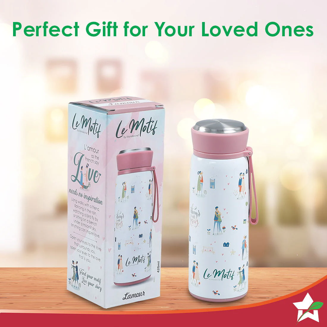 Le Motif L'amour, 420ml, Stainless Steel Double wall Water Bottle, 3D Embossed Design, Spill & Leak Proof, 2 Years Warranty - Image 7