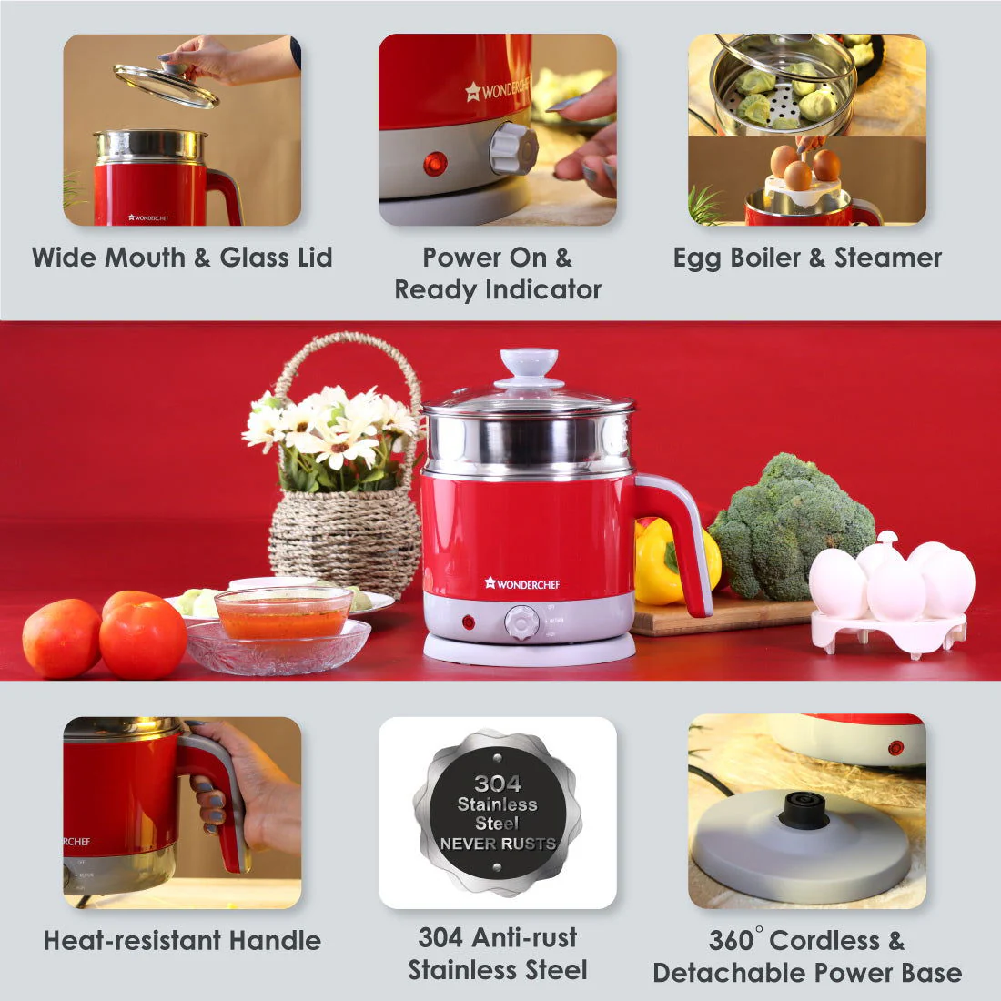 LUXE Multicook Stainless Steel 1.2 L Electric Kettle, 1000W, Red - Image 10
