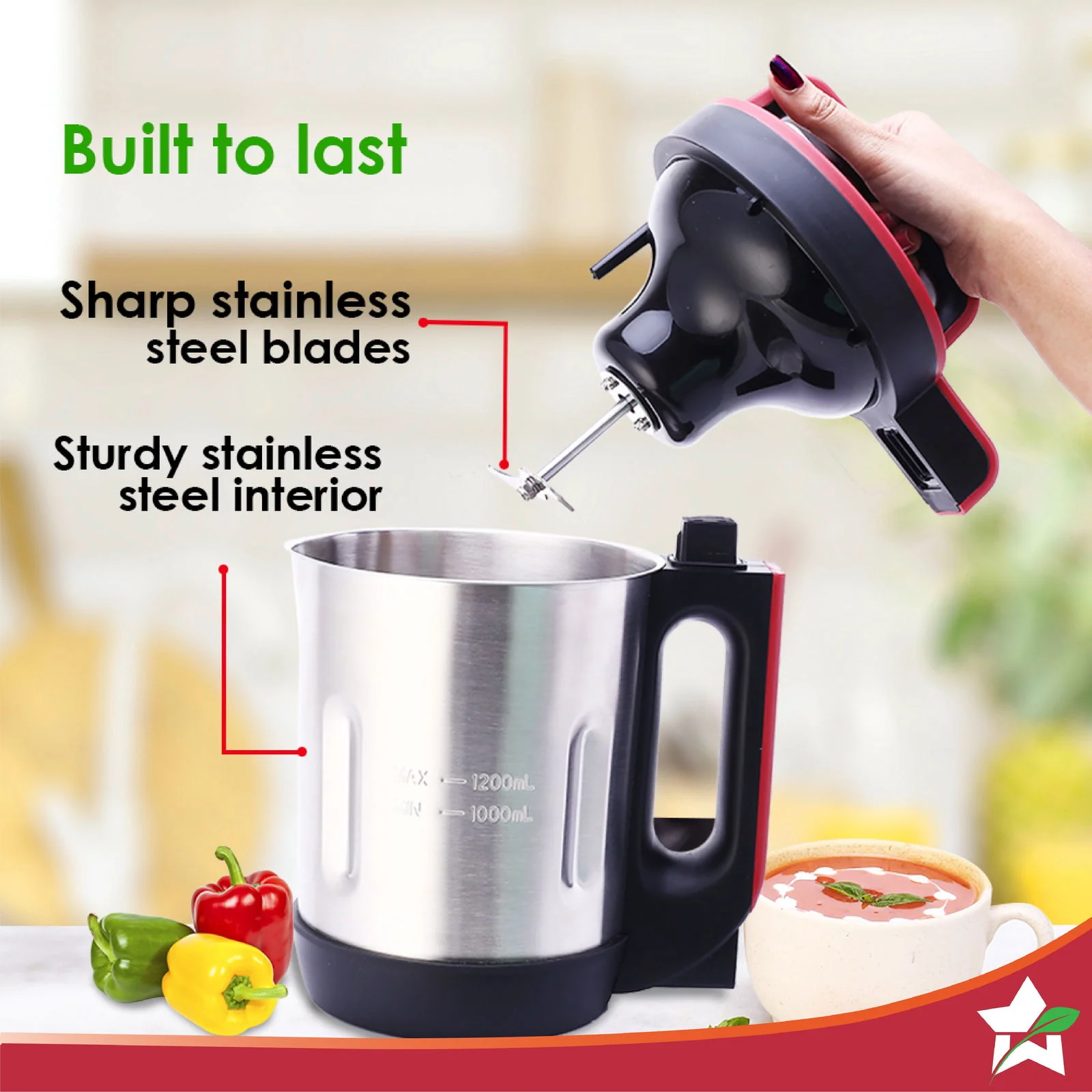 NEO Automatic Soup Maker | 1.0 Litre | 800W Heater | SS Blades & Bowl (Jug) | Soup in just 20 mins | 2 Years Warranty | Red & Black - Image 3