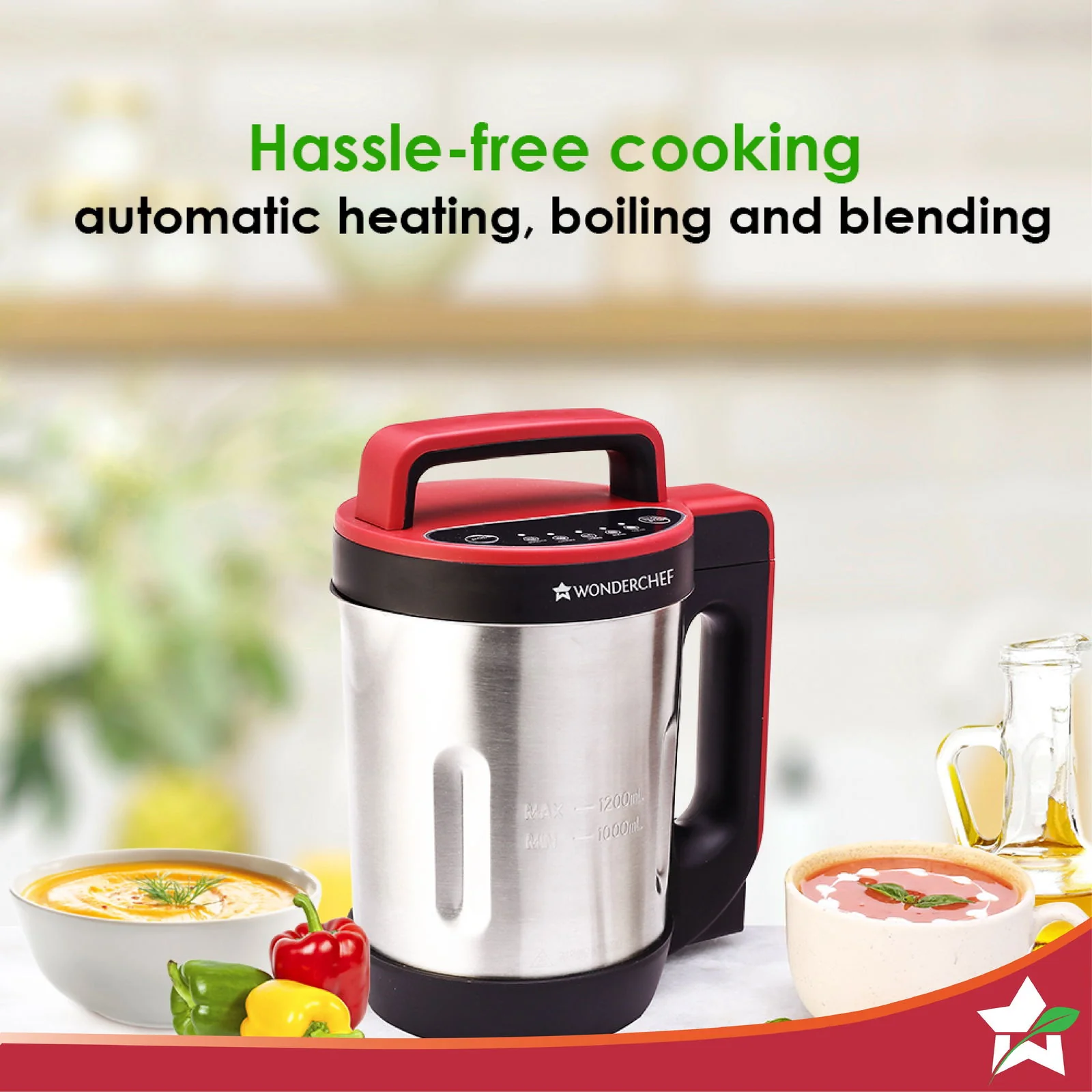 NEO Automatic Soup Maker | 1.0 Litre | 800W Heater | SS Blades & Bowl (Jug) | Soup in just 20 mins | 2 Years Warranty | Red & Black - Image 4