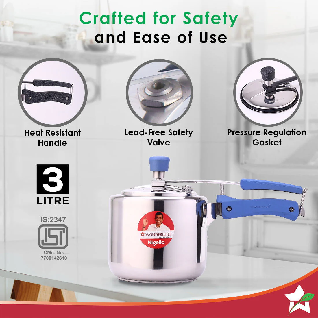 Nigella Stainless Steel 3L Inner Lid Pressure Cooker | 6mm thick bottom | Soft Touch Handles | Induction Friendly | Silver - Image 3