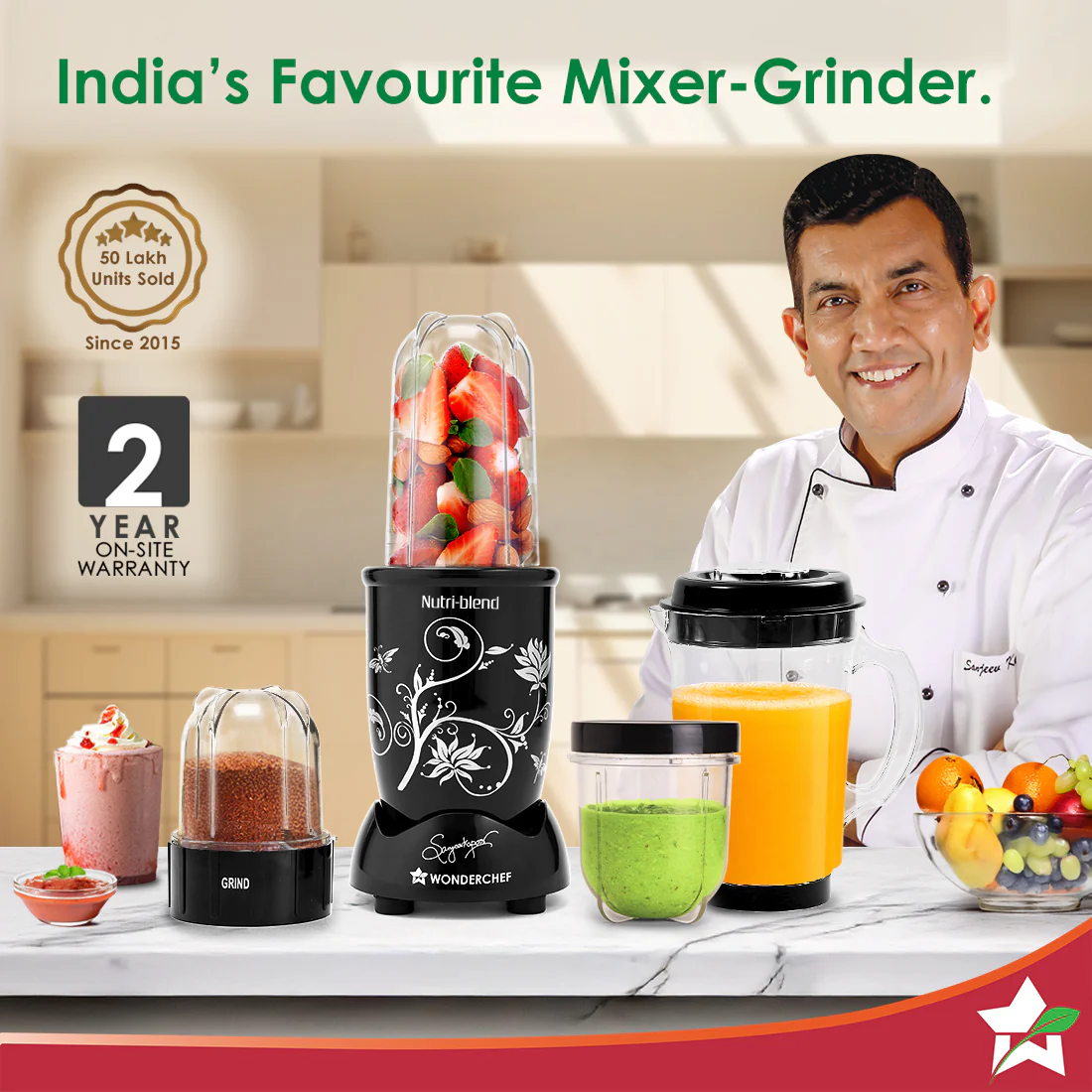 Nutri-blend 500W Mixer Grinder, 22000 RPM Motor, Smoothie Maker, Masala Grinder, Chutney Blender, 4 Unbreakable Jars, Recipe Book by Chef Sanjeev Kapoor, 2 Yr Warranty, Black - Image 2