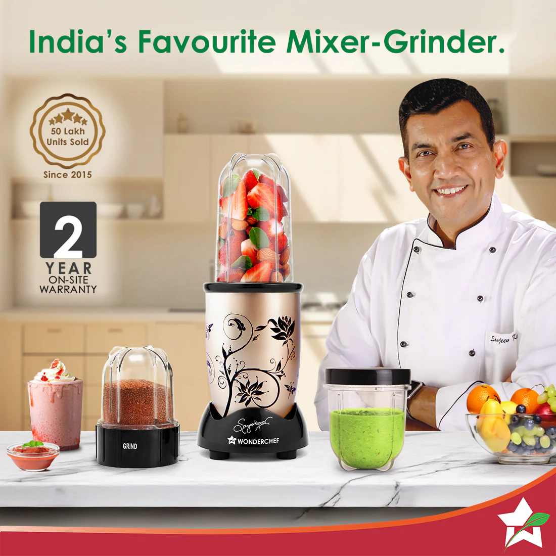 Nutri-blend 500W Mixer Grinder, 22000 RPM Motor, Smoothie Maker, Masala Grinder, Chutney Blender, 3 Unbreakable Jars, Recipe Book by Chef Sanjeev Kapoor, 2 Yr Warranty, Champagne - Image 2