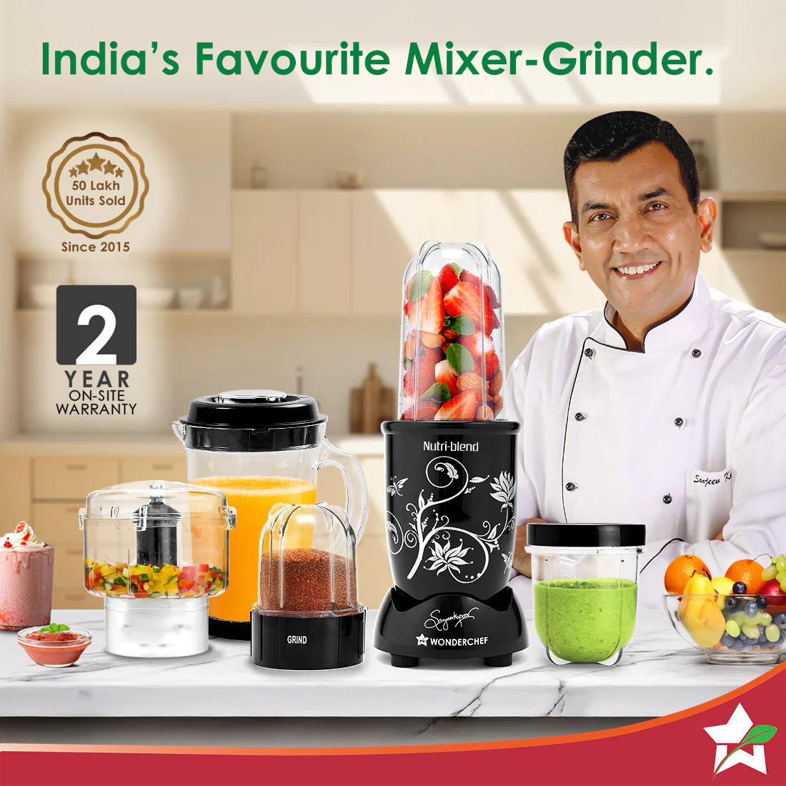 Nutri-blend Juicer, Mixer, Grinder, Smoothie Maker & Chopper | Complete Kitchen Machine | 22000 RPM Blender, Chopper, Juicer | 500W 100% Full Copper Motor | SS Blades | 4 Unbreakable Jars | 2 Years Warranty | Recipe Book By Chef Sanjeev Kapoor | Black - Image 2