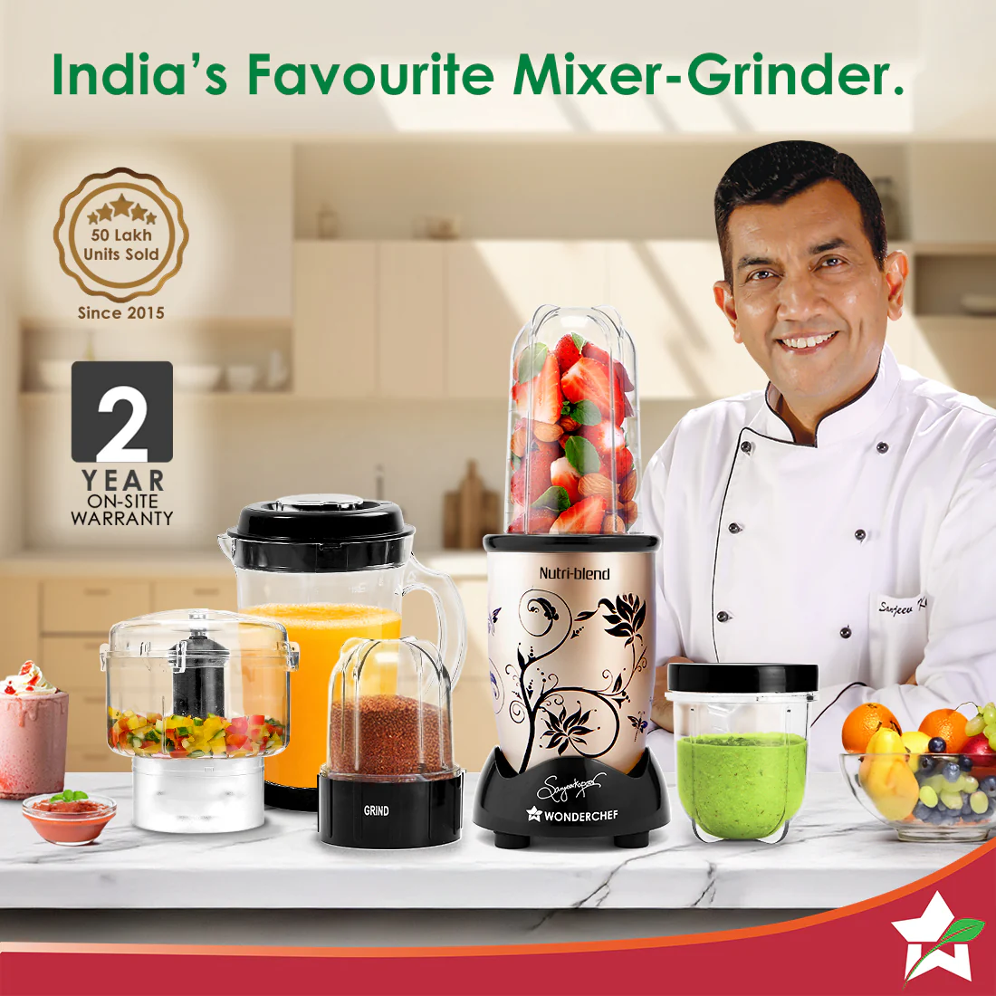 Nutri-blend Juicer, Mixer, Grinder, Smoothie Maker & Chopper | Complete Kitchen Machine | 22000 RPM Blender, Chopper, Juicer | 500W 100% Full Copper Motor | SS Blades | 4 Unbreakable Jars | 2 Years Warranty | Recipe Book By Chef Sanjeev Kapoor | Champagne - Image 2