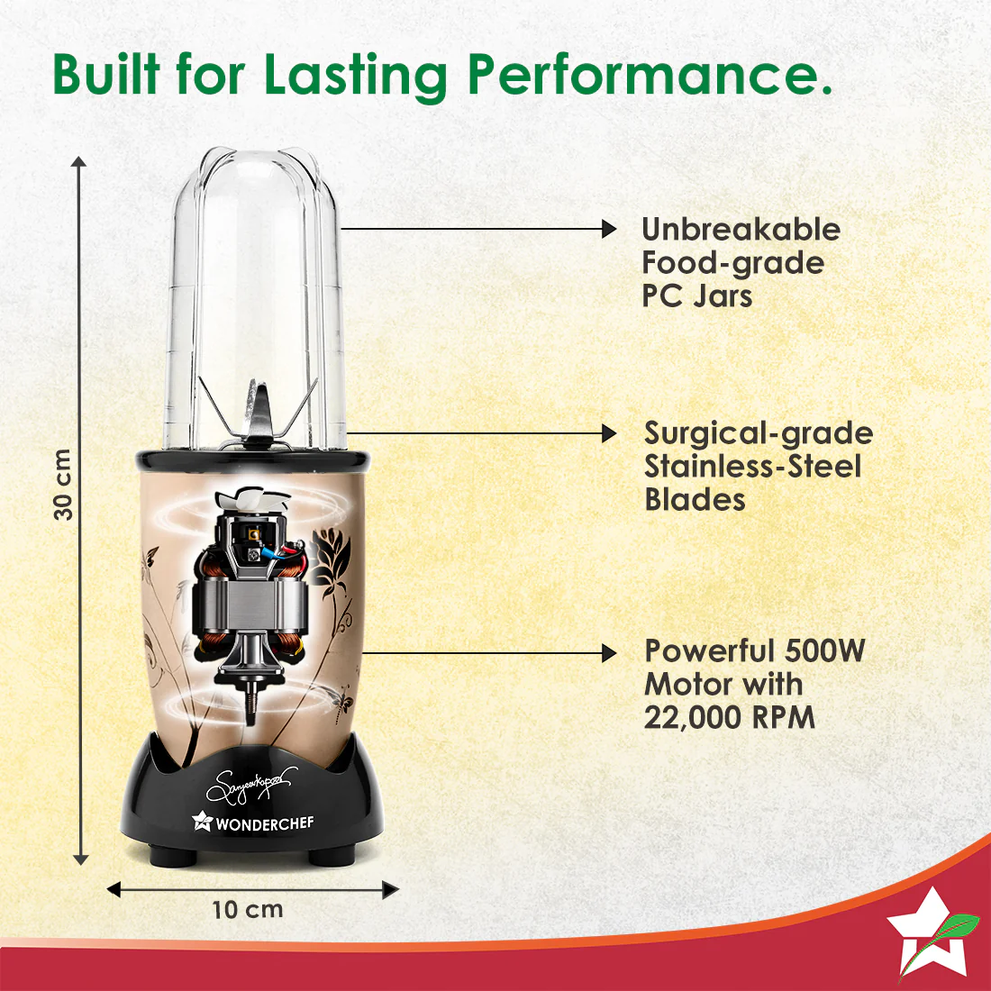 Nutri-blend Juicer, Mixer, Grinder, Smoothie Maker & Chopper | Complete Kitchen Machine | 22000 RPM Blender, Chopper, Juicer | 500W 100% Full Copper Motor | SS Blades | 4 Unbreakable Jars | 2 Years Warranty | Recipe Book By Chef Sanjeev Kapoor | Champagne - Image 4