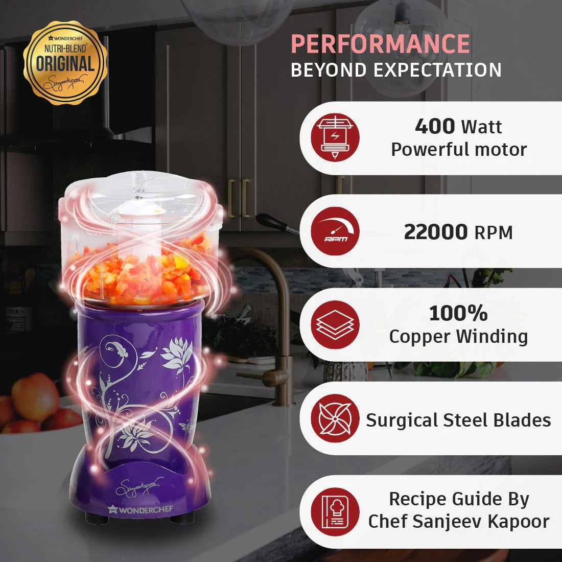 Nutri-blend Complete Kitchen Machine, 400W, 22000 RPM 100% Full Copper Motor, Mixer-Grinder, Blender, Chopper, Juicer, SS Blades, 4 Unbreakable Jars, 2 Years Warranty, Purple, Recipe Book By Chef Sanjeev Kapoor - Image 2