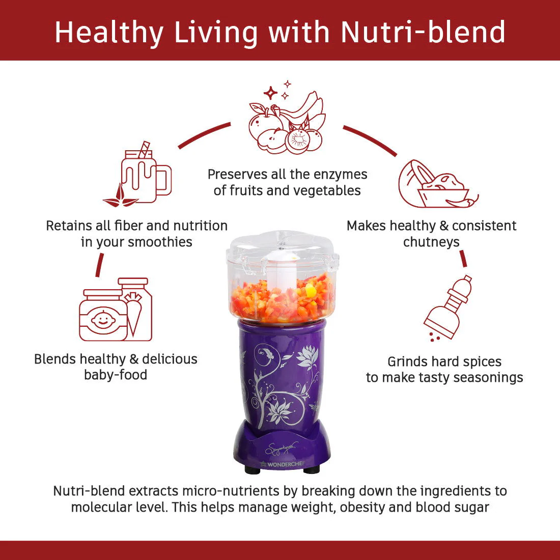 Nutri-blend Complete Kitchen Machine, 400W, 22000 RPM 100% Full Copper Motor, Mixer-Grinder, Blender, Chopper, Juicer, SS Blades, 4 Unbreakable Jars, 2 Years Warranty, Purple, Recipe Book By Chef Sanjeev Kapoor - Image 4