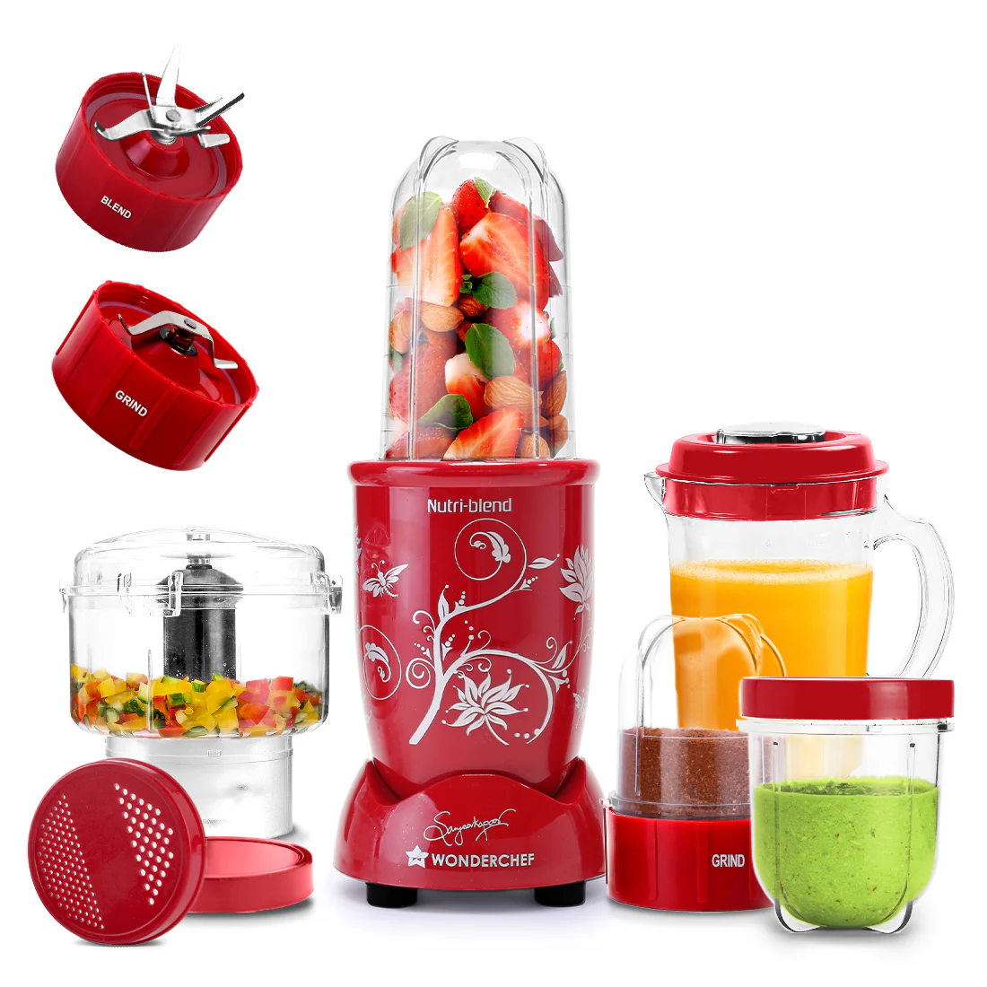 Nutri-blend Juicer, Mixer, Grinder, Smoothie Maker & Chopper | Complete Kitchen Machine | 22000 RPM Blender, Chopper, Juicer | 500W 100% Full Copper Motor | SS Blades | 4 Unbreakable Jars | 2 Years Warranty | Recipe Book By Chef Sanjeev Kapoor | Red