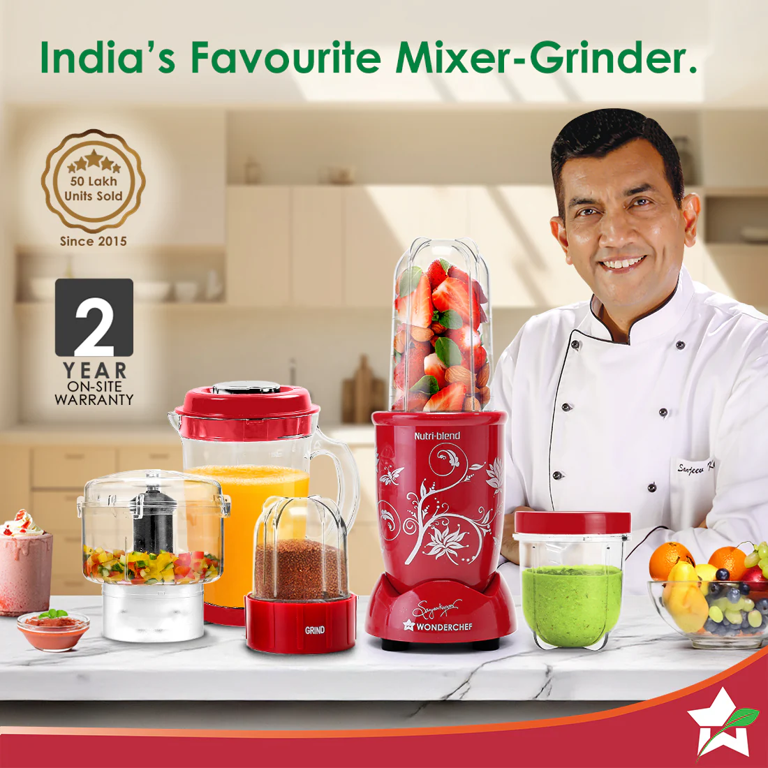 Nutri-blend Juicer, Mixer, Grinder, Smoothie Maker & Chopper | Complete Kitchen Machine | 22000 RPM Blender, Chopper, Juicer | 500W 100% Full Copper Motor | SS Blades | 4 Unbreakable Jars | 2 Years Warranty | Recipe Book By Chef Sanjeev Kapoor | Red - Image 2
