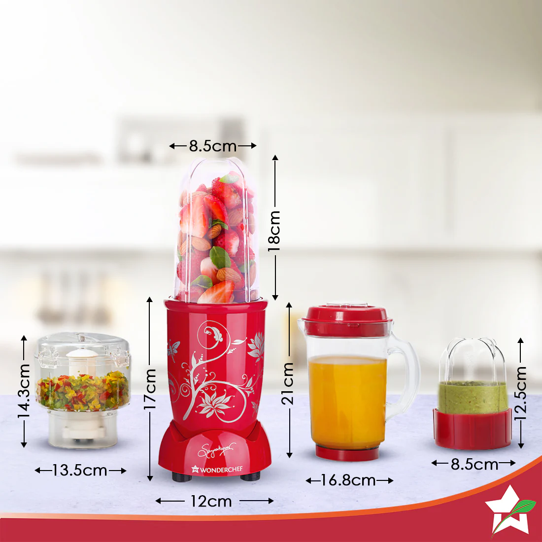 Nutri-blend Juicer, Mixer, Grinder, Smoothie Maker & Chopper | Complete Kitchen Machine | 22000 RPM Blender, Chopper, Juicer | 500W 100% Full Copper Motor | SS Blades | 4 Unbreakable Jars | 2 Years Warranty | Recipe Book By Chef Sanjeev Kapoor | Red - Image 3