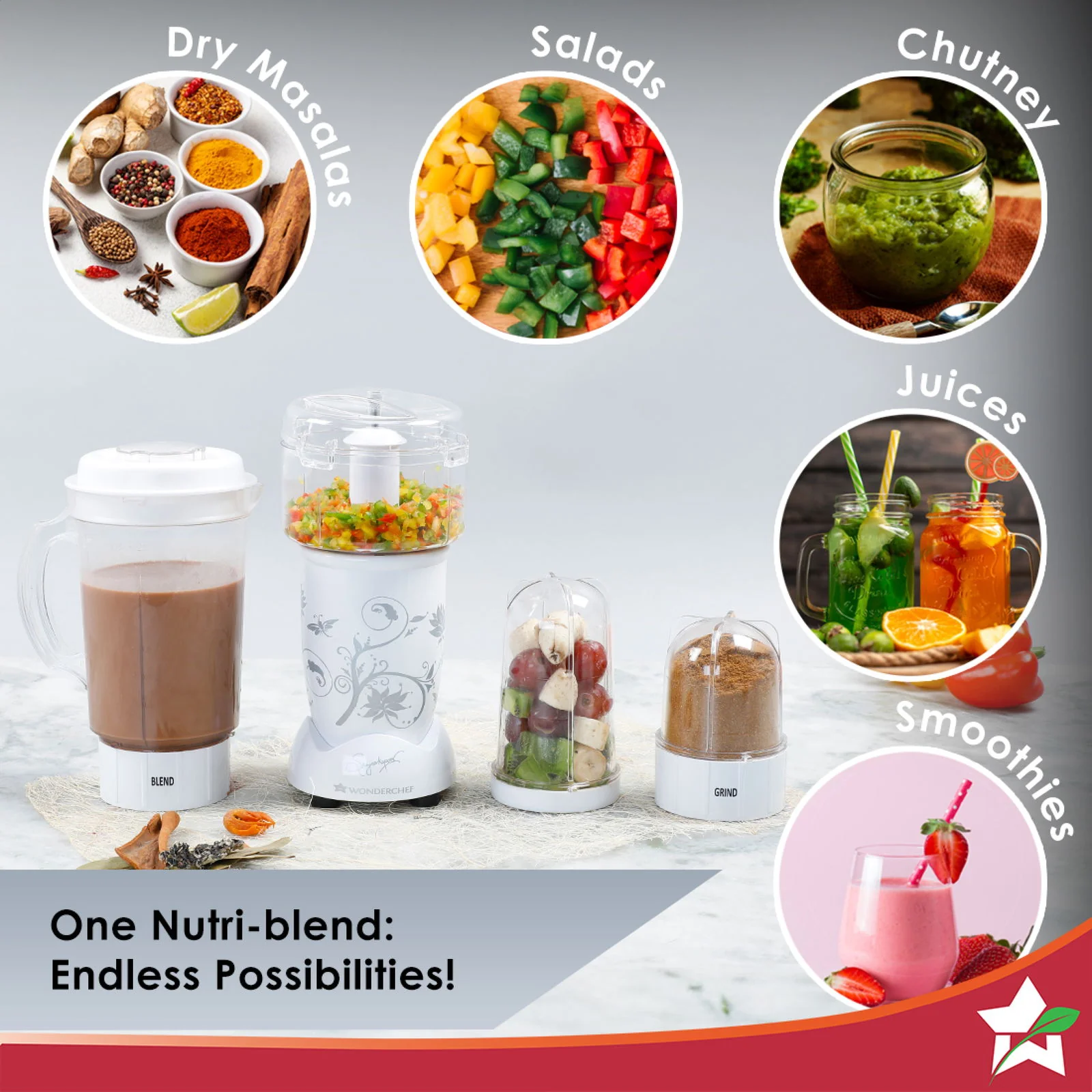 Nutri-blend Juicer, Mixer, Grinder, Smoothie Maker & Chopper | Complete Kitchen Machine | 22000 RPM Blender, Chopper, Juicer | 400W 100% Full Copper Motor | SS Blades | 4 Unbreakable Jars | 2 Years Warranty | Recipe Book By Chef Sanjeev Kapoor | White - Image 3