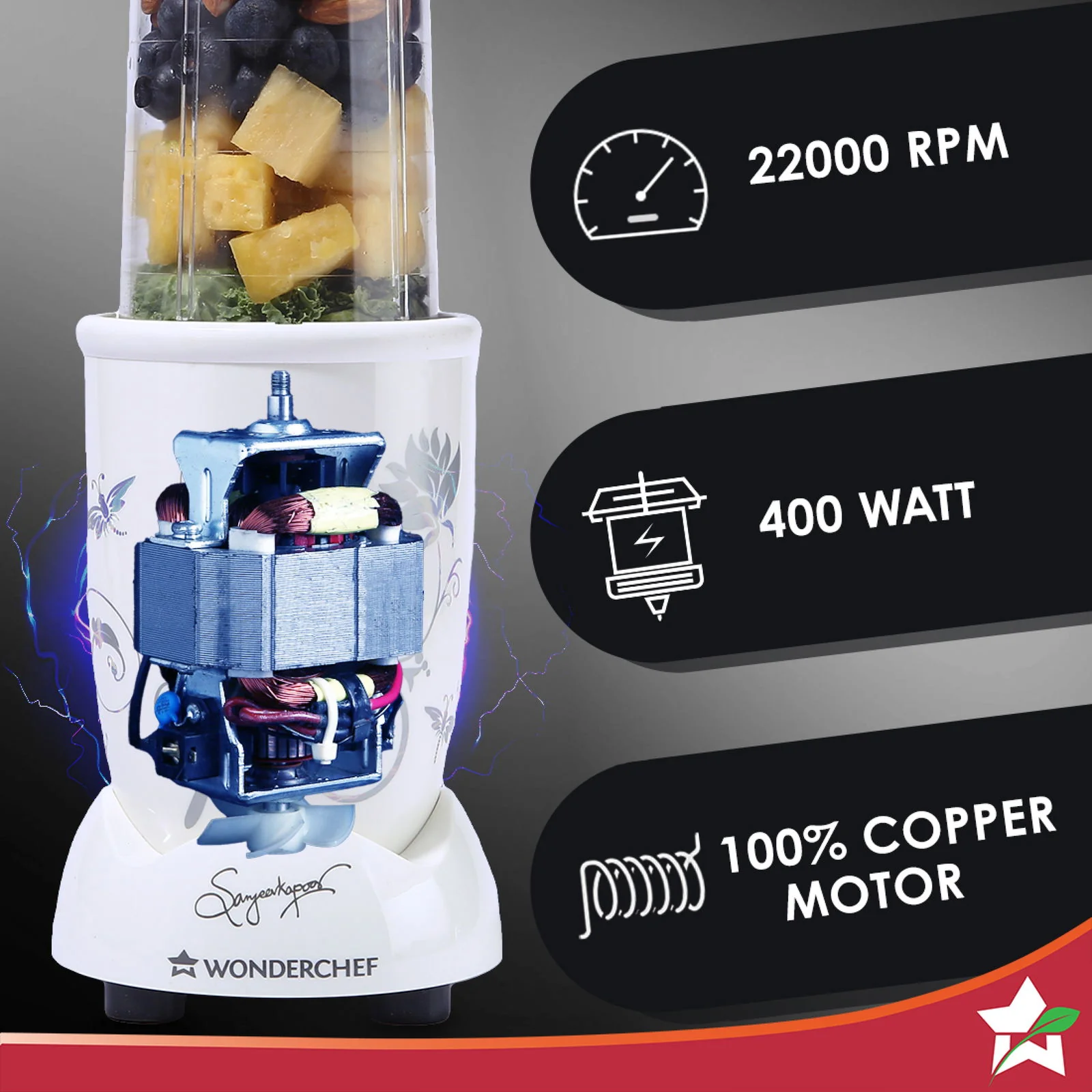 Nutri-blend Juicer, Mixer, Grinder, Smoothie Maker & Chopper | Complete Kitchen Machine | 22000 RPM Blender, Chopper, Juicer | 400W 100% Full Copper Motor | SS Blades | 4 Unbreakable Jars | 2 Years Warranty | Recipe Book By Chef Sanjeev Kapoor | White - Image 4