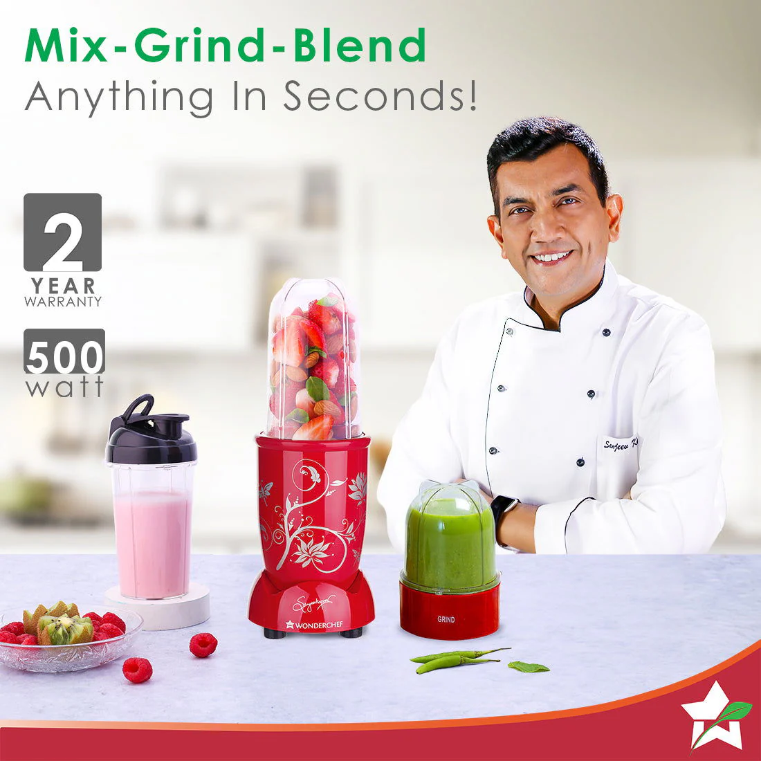 Nutri-blend 500W Mixer Grinder, 22000 RPM Motor, Smoothie Maker, Masala Grinder, Chutney Blender, 3 Unbreakable Jars & Sipper Jar, Recipe Book by Chef Sanjeev Kapoor, 2 Yr Warranty, Red - Image 2