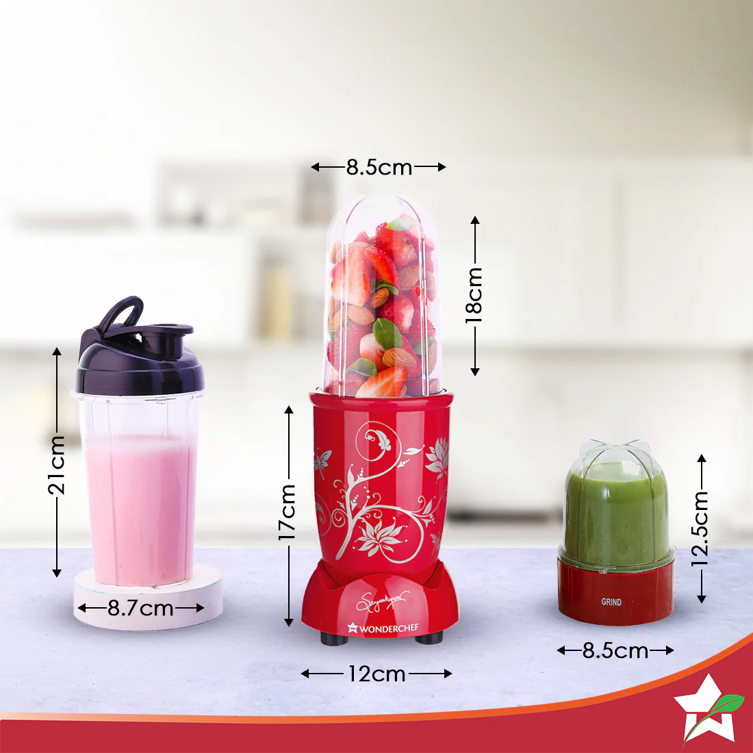 Nutri-blend 500W Mixer Grinder, 22000 RPM Motor, Smoothie Maker, Masala Grinder, Chutney Blender, 3 Unbreakable Jars & Sipper Jar, Recipe Book by Chef Sanjeev Kapoor, 2 Yr Warranty, Red - Image 3