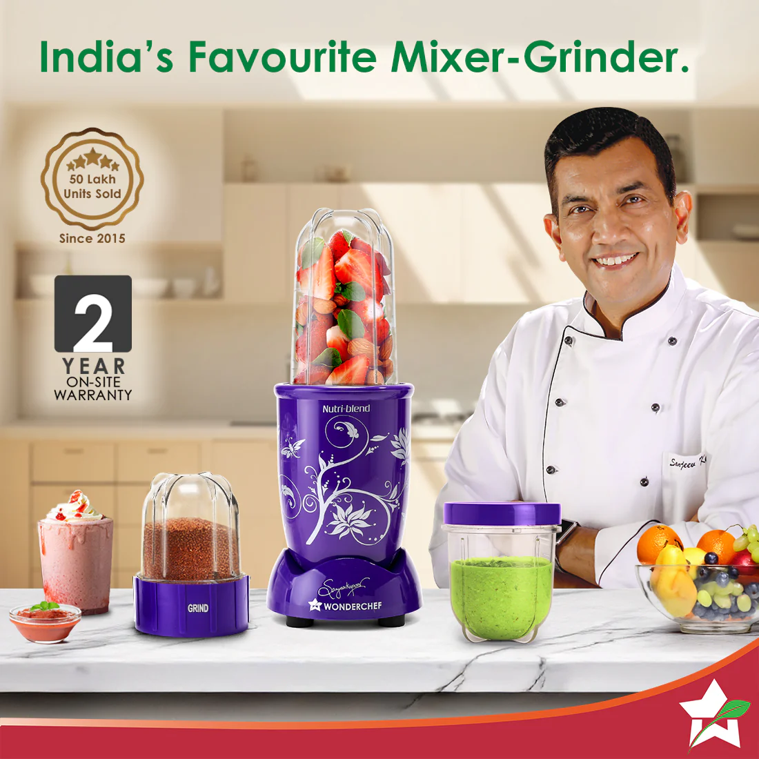 Nutri-blend 500W Mixer Grinder, 22000 RPM Motor, Smoothie Maker, Masala Grinder, Chutney Blender, 3 Unbreakable Jars, Recipe Book by Chef Sanjeev Kapoor, 2 Yr Warranty, Purple - Image 2
