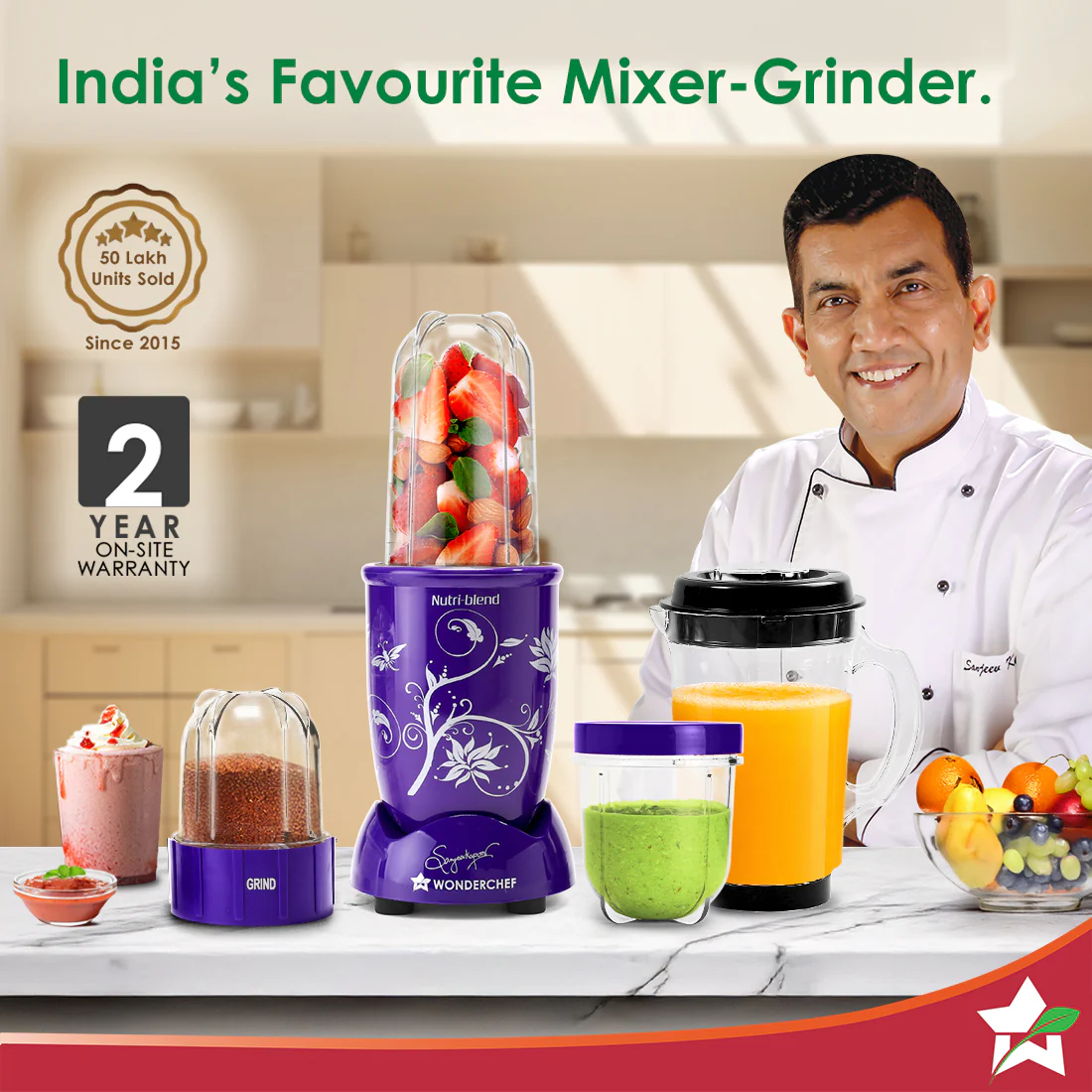 Nutri-blend 500W Mixer Grinder, 22000 RPM Motor, Smoothie Maker, Masala Grinder, Chutney Blender, 4 Unbreakable Jars, Recipe Book by Chef Sanjeev Kapoor, 2 Yr Warranty, Purple - Image 2
