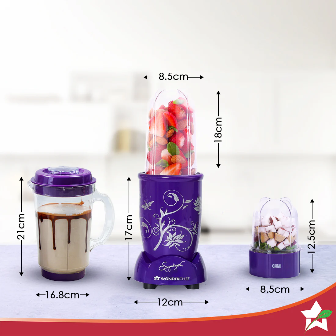 Nutri-blend 500W Mixer Grinder, 22000 RPM Motor, Smoothie Maker, Masala Grinder, Chutney Blender, 4 Unbreakable Jars, Recipe Book by Chef Sanjeev Kapoor, 2 Yr Warranty, Purple - Image 3