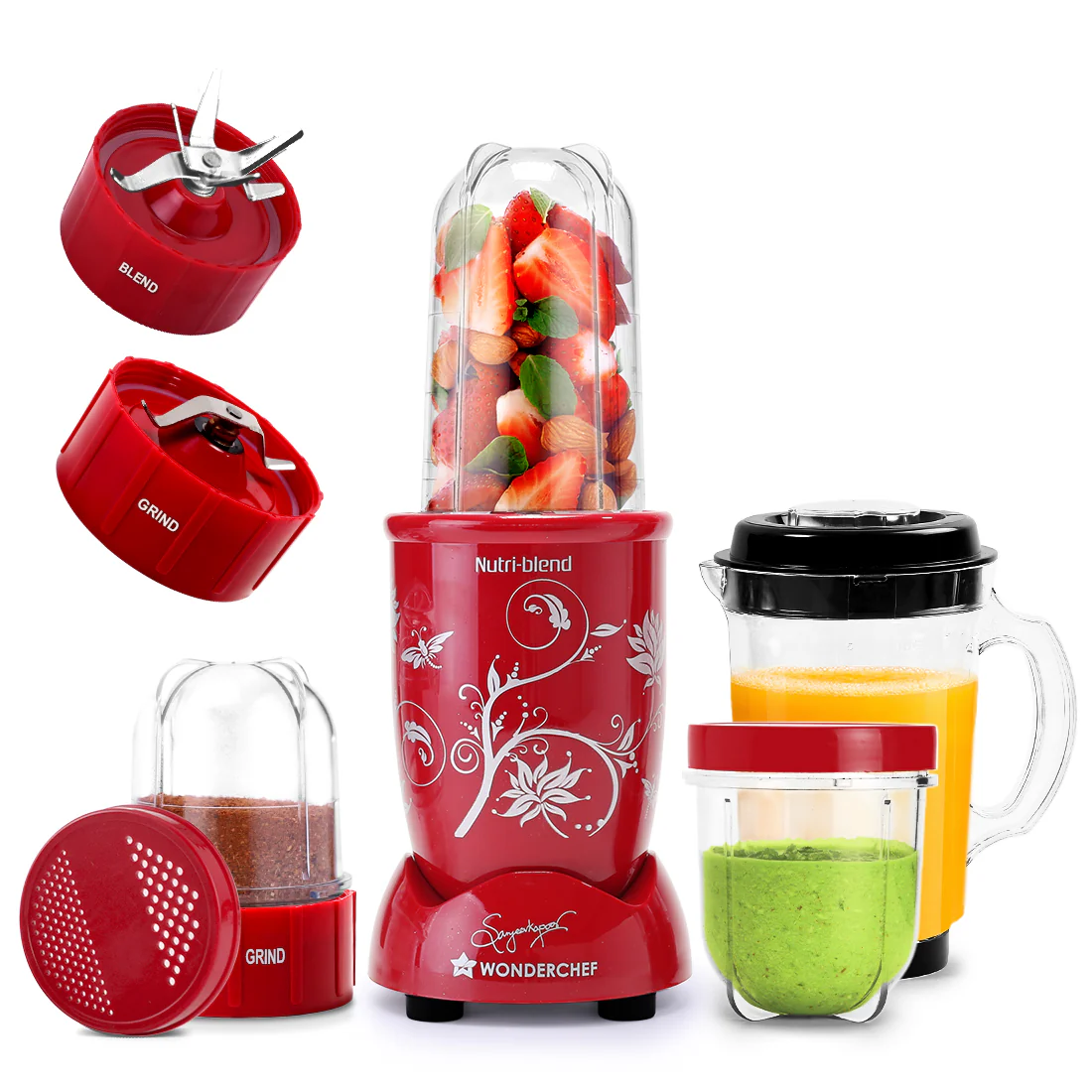 Nutri-blend 500W Mixer Grinder, 22000 RPM Motor, Smoothie Maker, Masala Grinder, Chutney Blender, 4 Unbreakable Jars, Recipe Book by Chef Sanjeev Kapoor, 2 Yr Warranty, Red