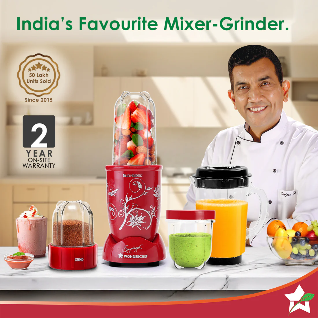 Nutri-blend 500W Mixer Grinder, 22000 RPM Motor, Smoothie Maker, Masala Grinder, Chutney Blender, 4 Unbreakable Jars, Recipe Book by Chef Sanjeev Kapoor, 2 Yr Warranty, Red - Image 2