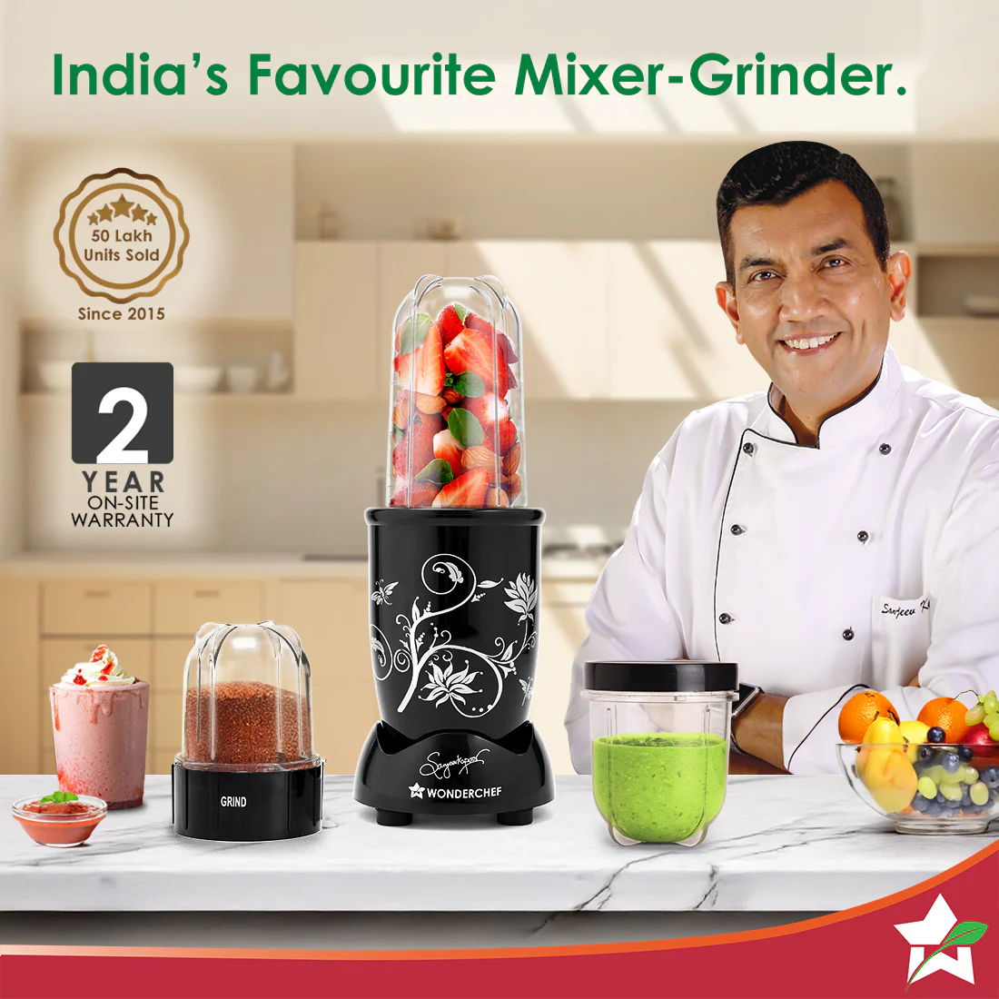 Nutri-blend 500W Mixer Grinder, 22000 RPM Motor, Smoothie Maker, Masala Grinder, Chutney Blender, 3 Unbreakable Jars, Recipe Book by Chef Sanjeev Kapoor, 2 Yr Warranty, Black - Image 2