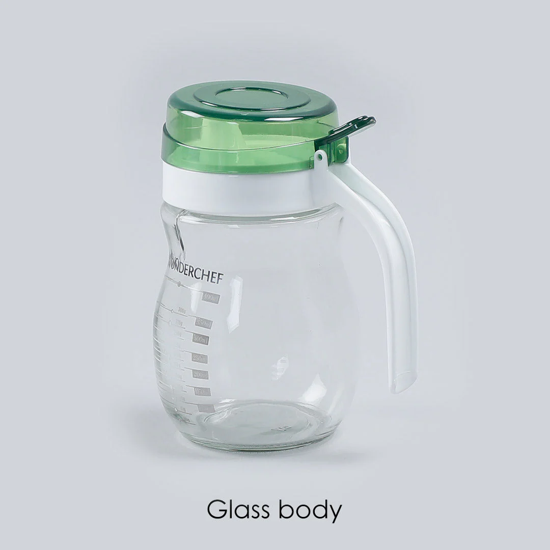 Oil Pourer Glass Bottle for Kitchen, Transparent Oil Pourer and Holder with Green Lid, Accurate Pouring without Wastage, 550ml - Image 2