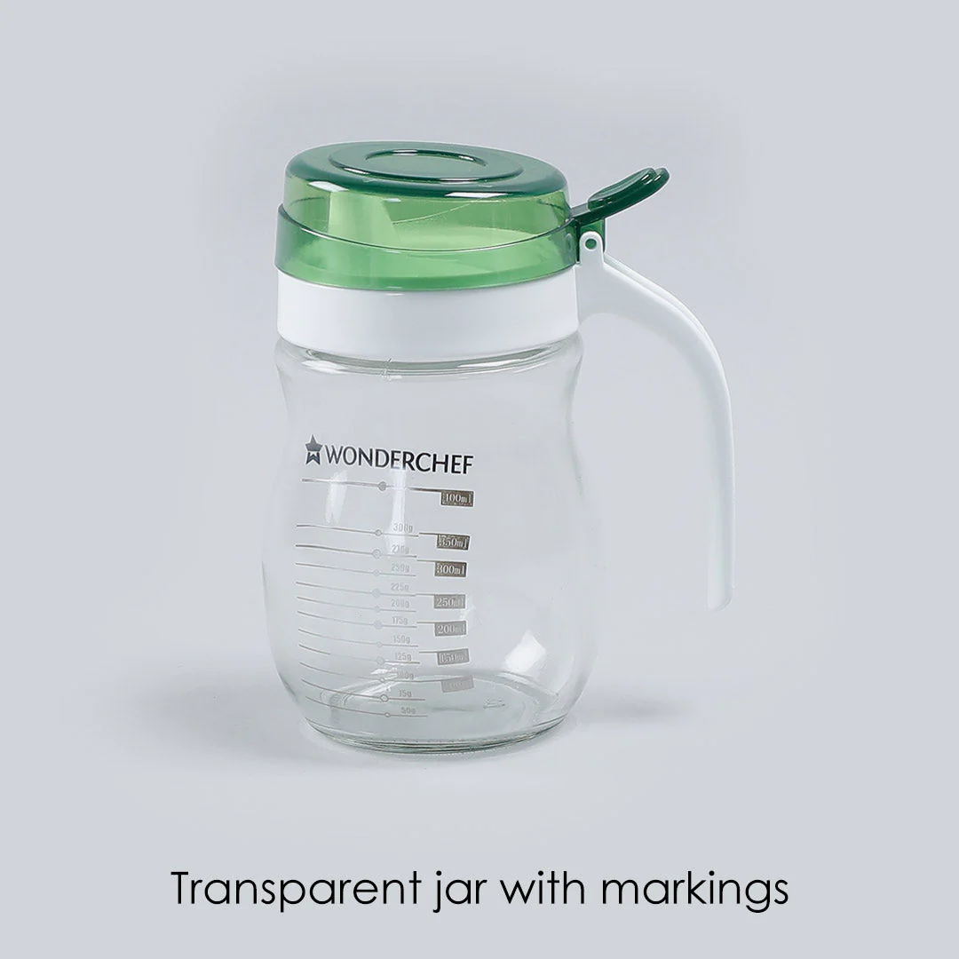 Oil Pourer Glass Bottle for Kitchen, Transparent Oil Pourer and Holder with Green Lid, Accurate Pouring without Wastage, 550ml - Image 3