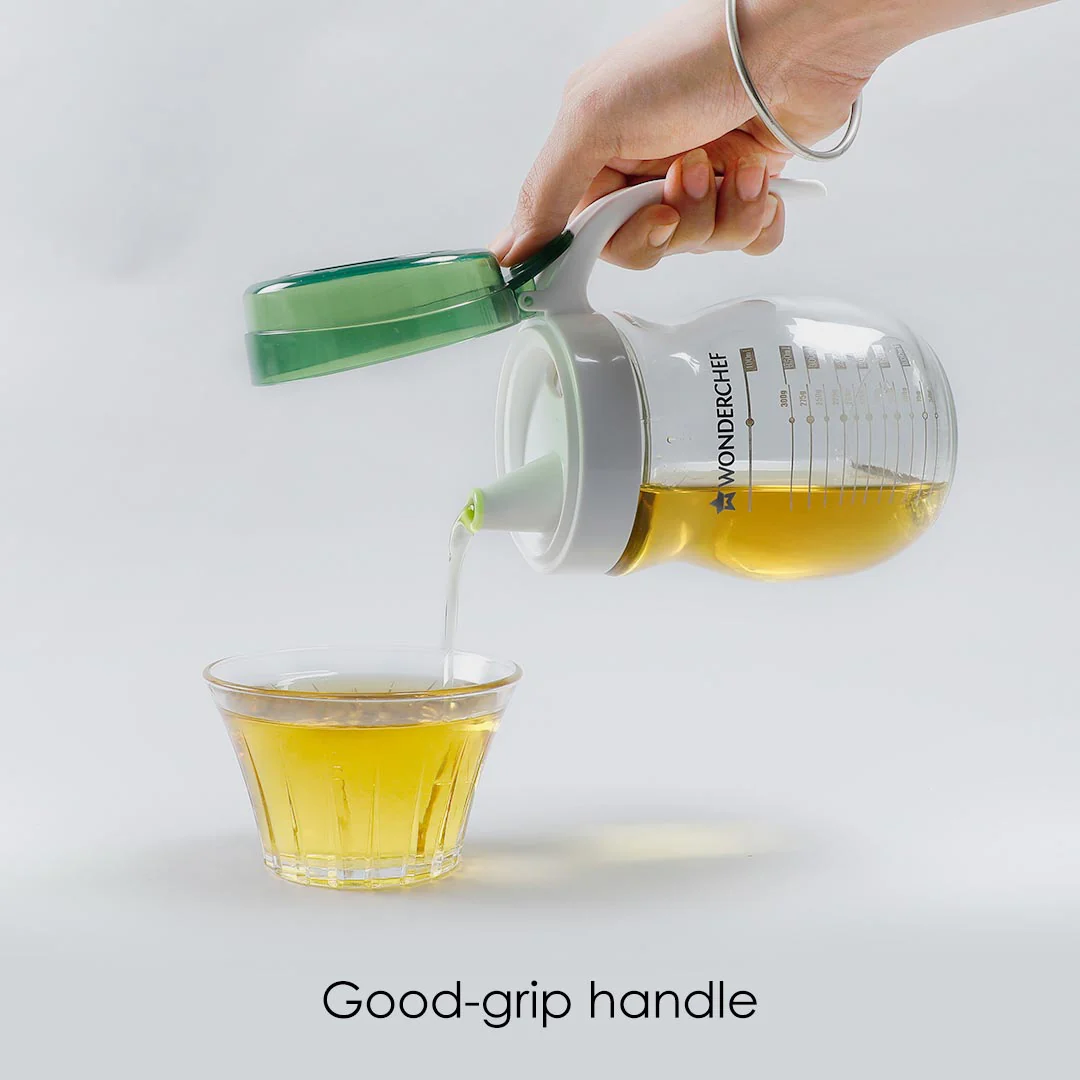 Oil Pourer Glass Bottle for Kitchen, Transparent Oil Pourer and Holder with Green Lid, Accurate Pouring without Wastage, 550ml - Image 5
