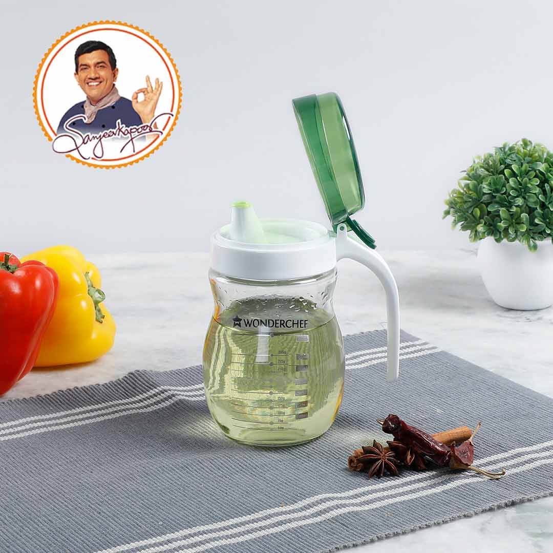 Oil Pourer Glass Bottle for Kitchen, Transparent Oil Pourer and Holder with Green Lid, Accurate Pouring without Wastage, 550ml - Image 6