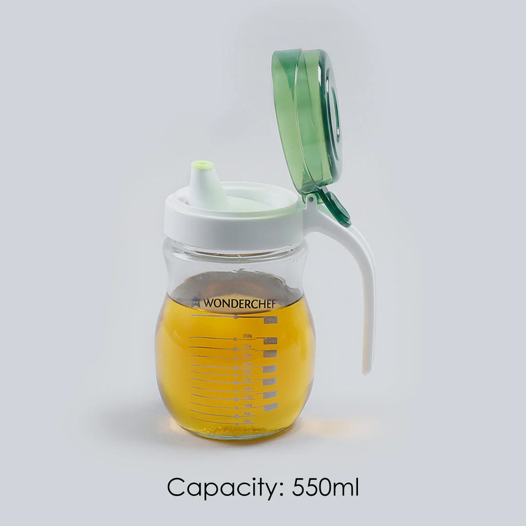 Oil Pourer Glass Bottle for Kitchen, Transparent Oil Pourer and Holder with Green Lid, Accurate Pouring without Wastage, 550ml - Image 7