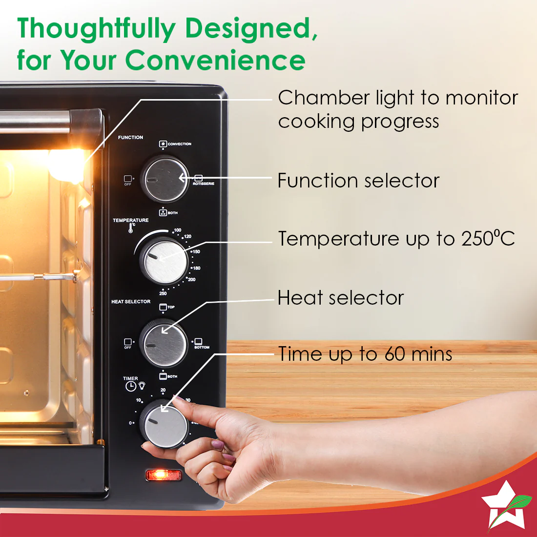 Oven Toaster Griller (OTG) - 28 Litres, Black - with Rotisserie,Auto-shut off, heat-resistant tempered glass, Multi-stage heat selection - Image 4