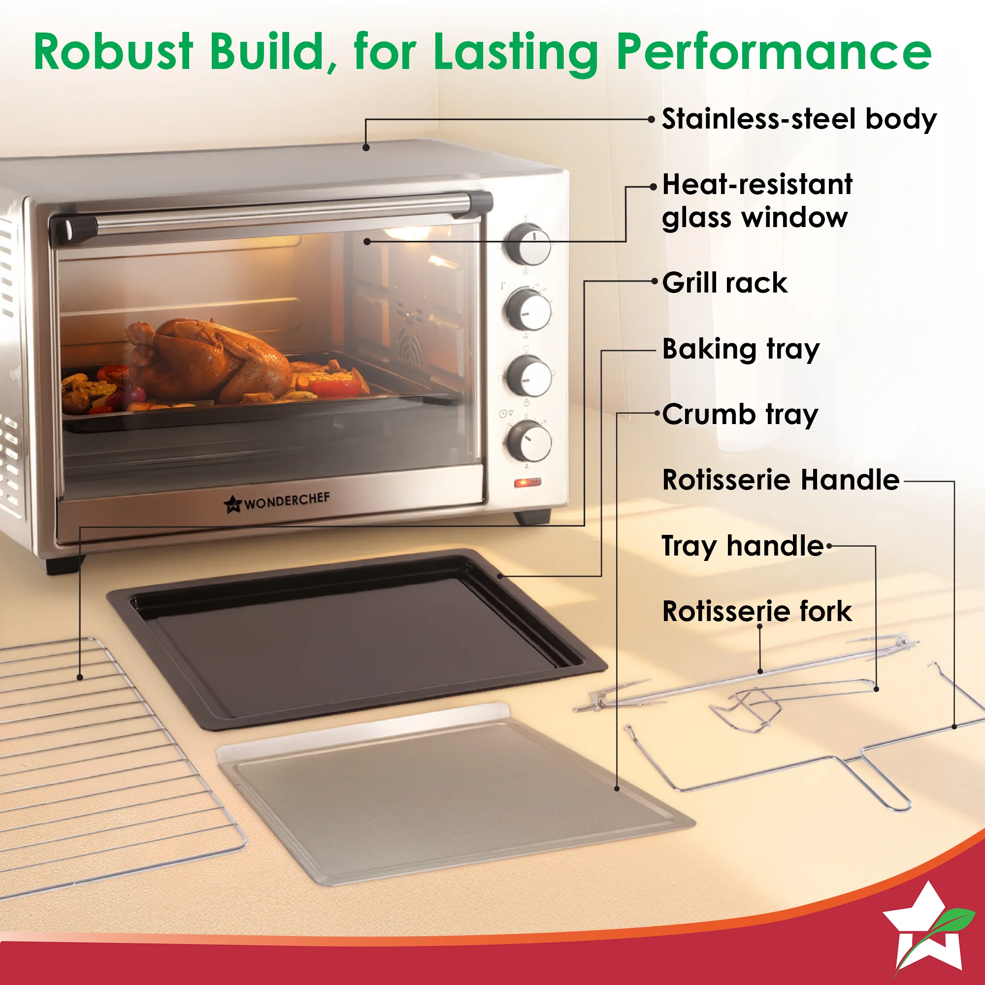 Oven Toaster Griller (OTG) - 60 Litres, Stainless Steel – with Rotisserie, Auto-shut off, heat-resistant tempered glass, 6-stage heat selection - Image 7