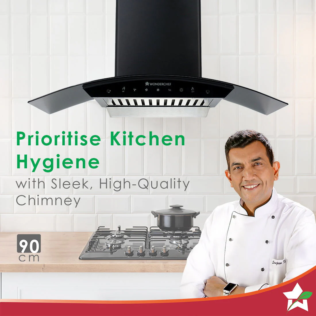 Power Curve Wall-Mount Chimney | Auto Clean Function | 1200M3/H | Suction Capacity | 3 Speed Motion| Gesture and Touch Control | Oil Collector | Low Noise | 90cms | Stainless Steel Baffle Filter | Black - Image 2