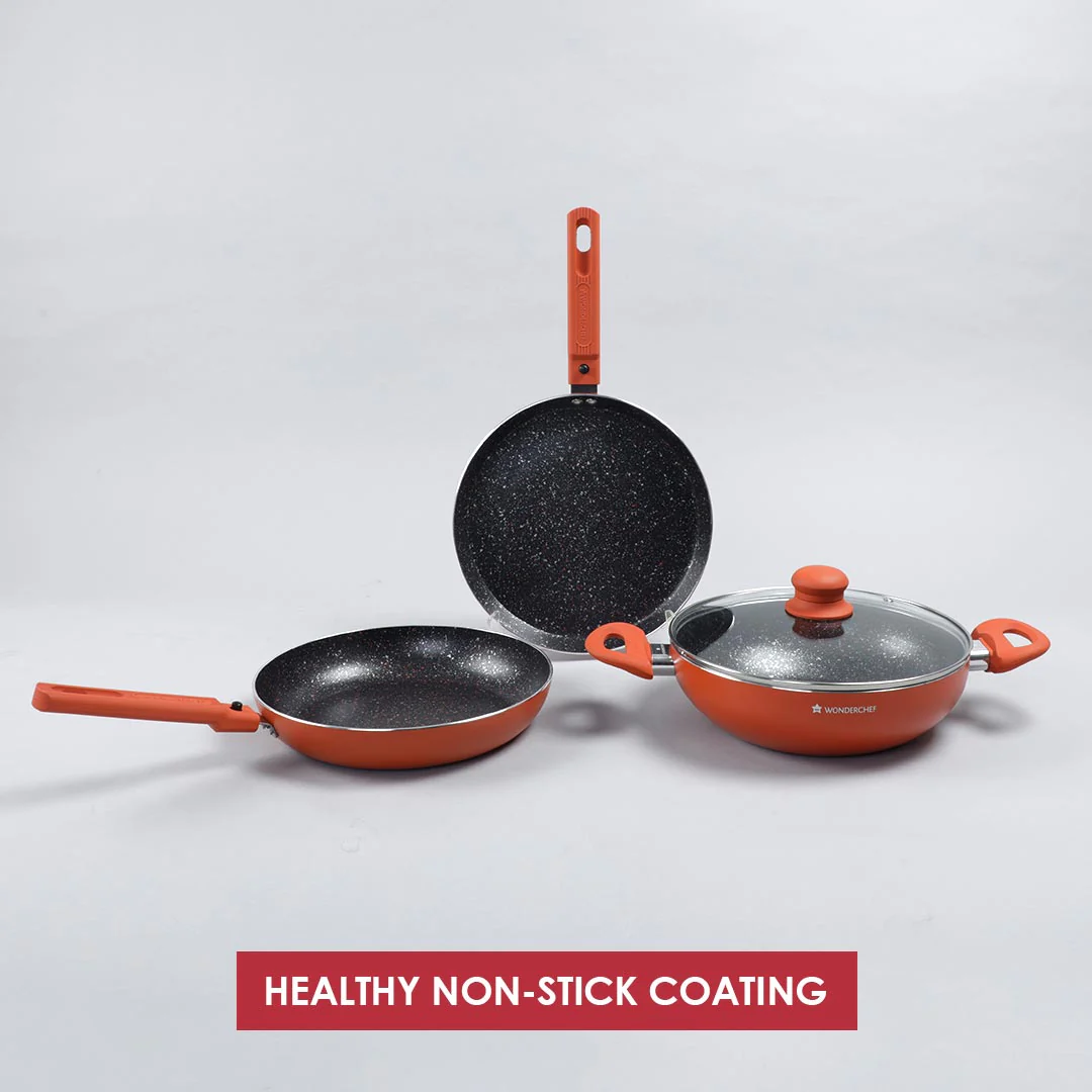 Power Non-Stick Cookware 4 pc Set | Kadhai with Glass Lid 2.6L, Dosa Tawa 25cm, Fry Pan 24cm | Induction Bottom | Soft Touch Handles | Pure Grade Aluminium | PFOA Free | 2 Year Warranty | Orange - Image 3