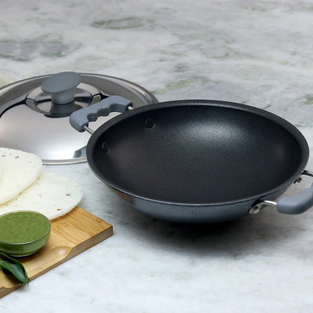 Appachetty Breakfast Pan with Lid | Nonstick Cookware | Appachatty | Chetty Pan | Appam Patra | Round Bottom Kadai | 3mm Thick | Black 22 cm | 1 Year Warranty - Image 2