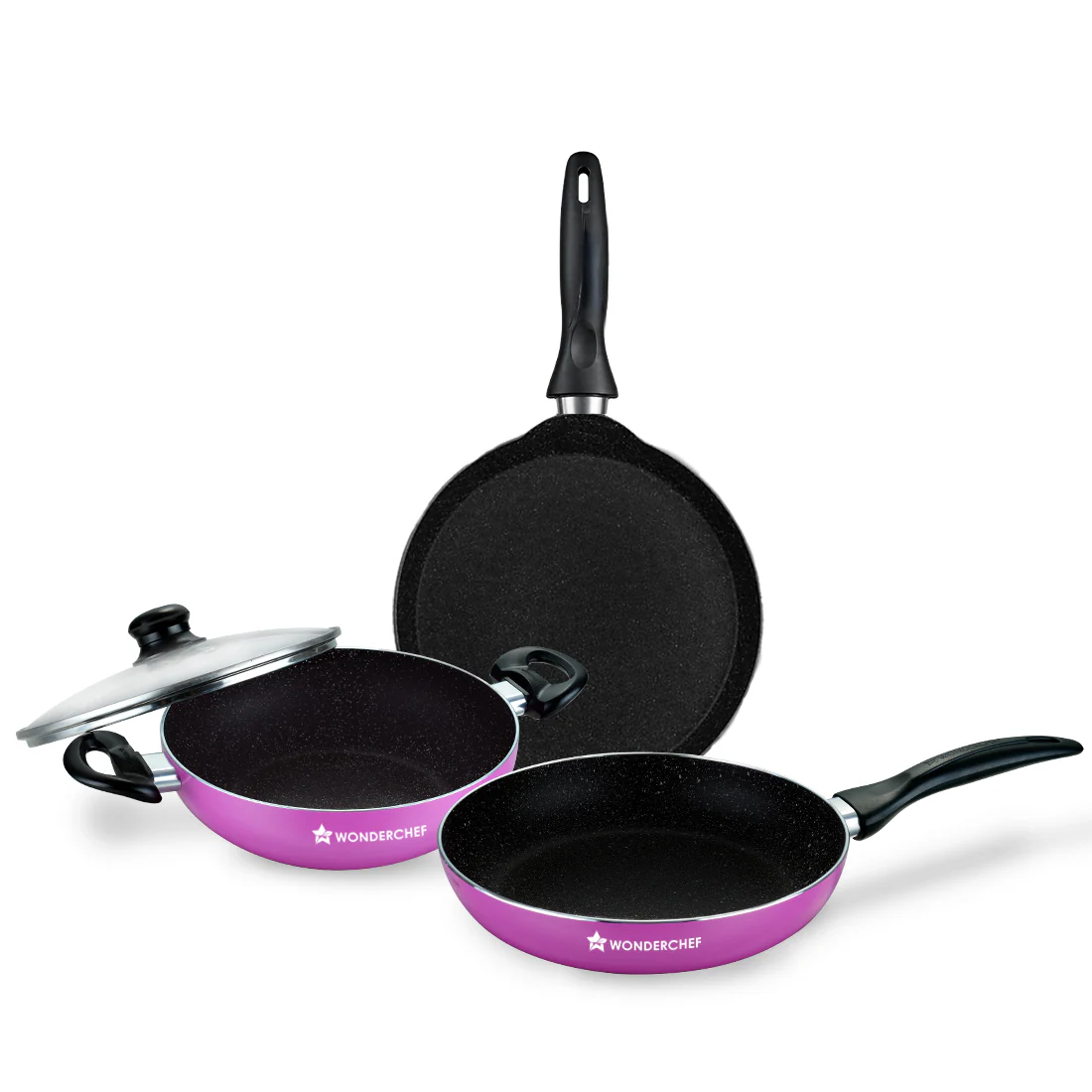 Wonderchef Renewed Athena Aluminium Non-Stick Cookware Set | Kadhai 24cm, Fry Pan 24cm & Dosa Tawa 25cm | No Lid | Induction Friendly | Cool Touch Bakelite Handles | Pure Grade Aluminium | PFOA Free | 1 Year Warranty