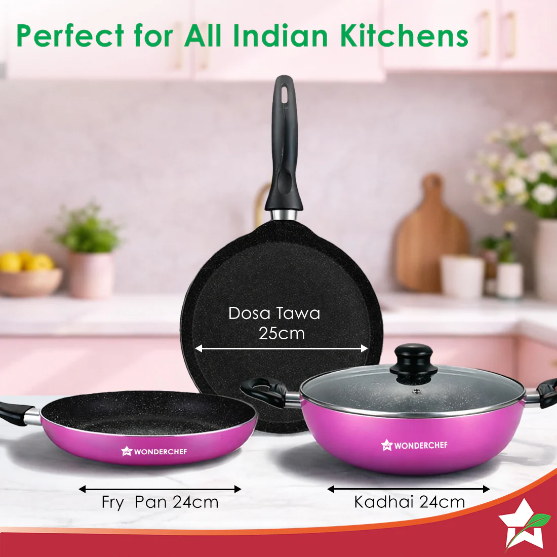 Wonderchef Renewed Athena Aluminium Non-Stick Cookware Set | Kadhai 24cm, Fry Pan 24cm & Dosa Tawa 25cm | No Lid | Induction Friendly | Cool Touch Bakelite Handles | Pure Grade Aluminium | PFOA Free | 1 Year Warranty - Image 3