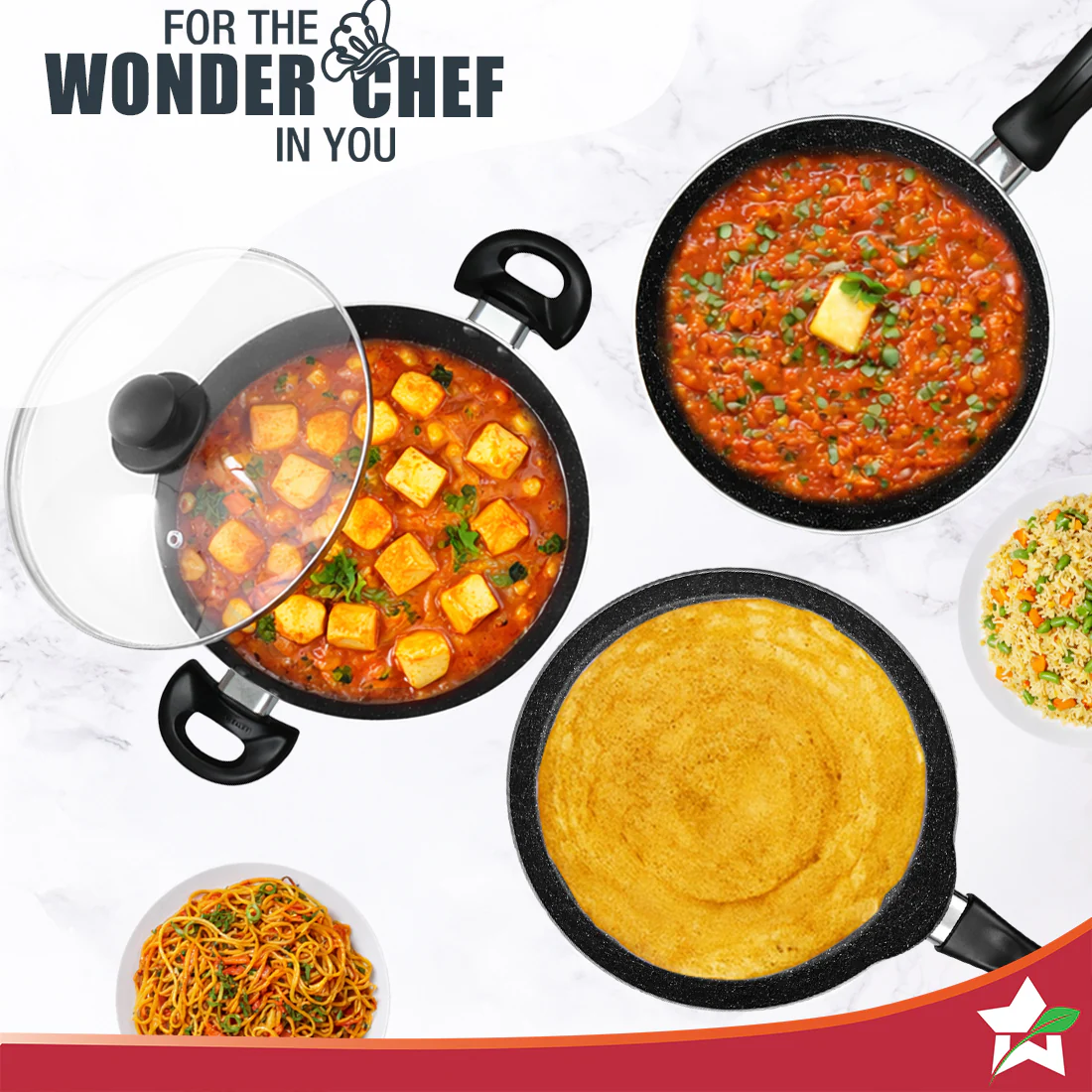 Wonderchef Renewed Athena Aluminium Non-Stick Cookware Set | Kadhai 24cm, Fry Pan 24cm & Dosa Tawa 25cm | No Lid | Induction Friendly | Cool Touch Bakelite Handles | Pure Grade Aluminium | PFOA Free | 1 Year Warranty - Image 7