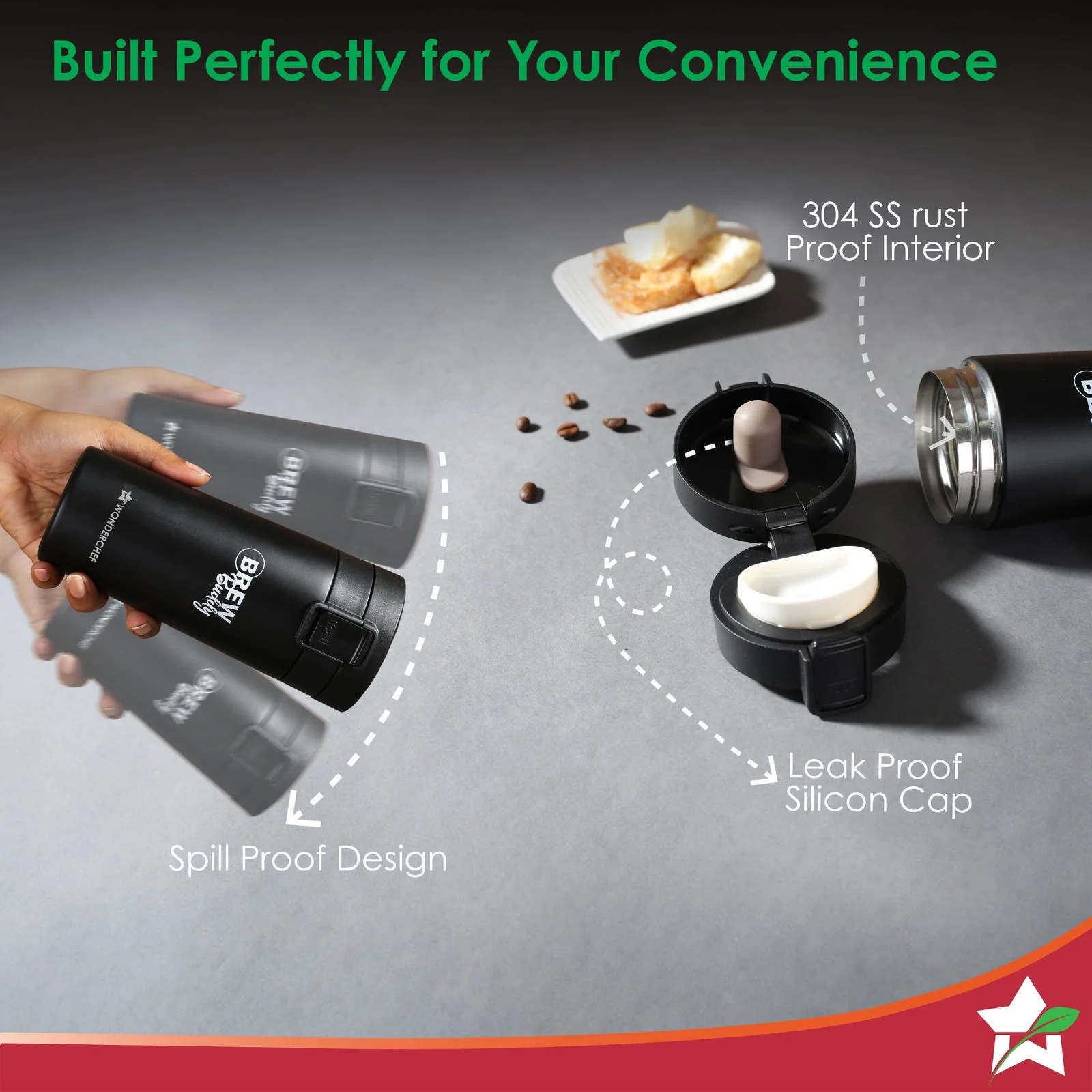 Wonderchef Renewed Brew Buddy Portable Coffee Mug | 380 ml | 304 Stainless Steel | Rust Proof | Copper Coated | Double Walled Vacuum Insulation | Safe-Lock System| Anti-Skid Base | 1 Year Warranty - Image 5