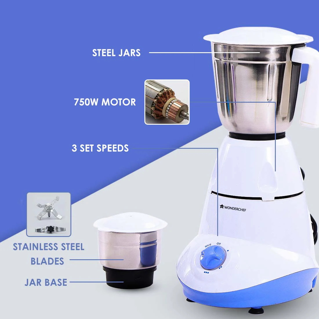 Capri Mixer Grinder 750 Watts 3 Stainless Steel Jars, 5 years Warranty on Motor - Image 9